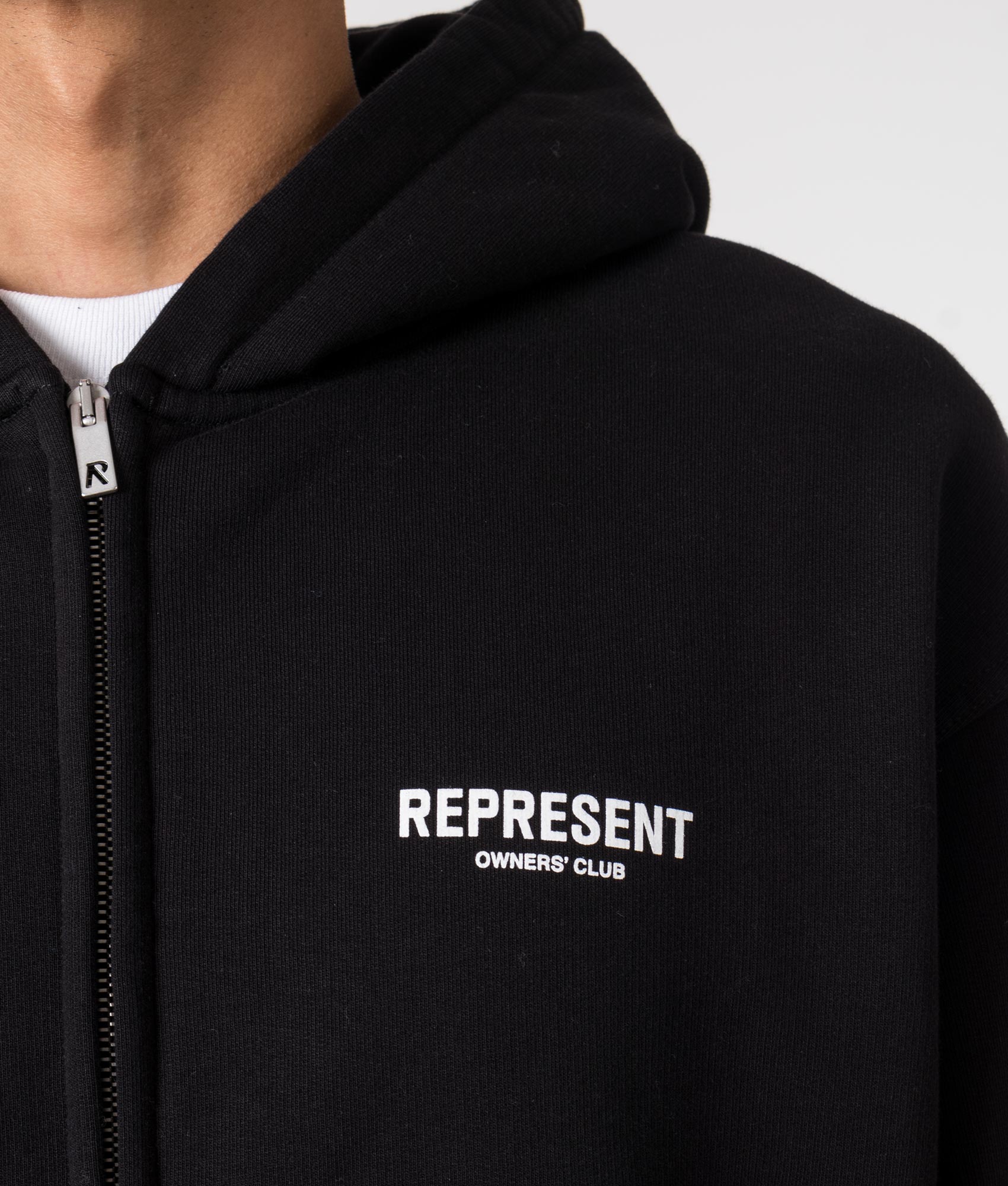 Represent Owners Club Zip Through Hoodie in Black at EQVVS Menswear. Model detail shot.
