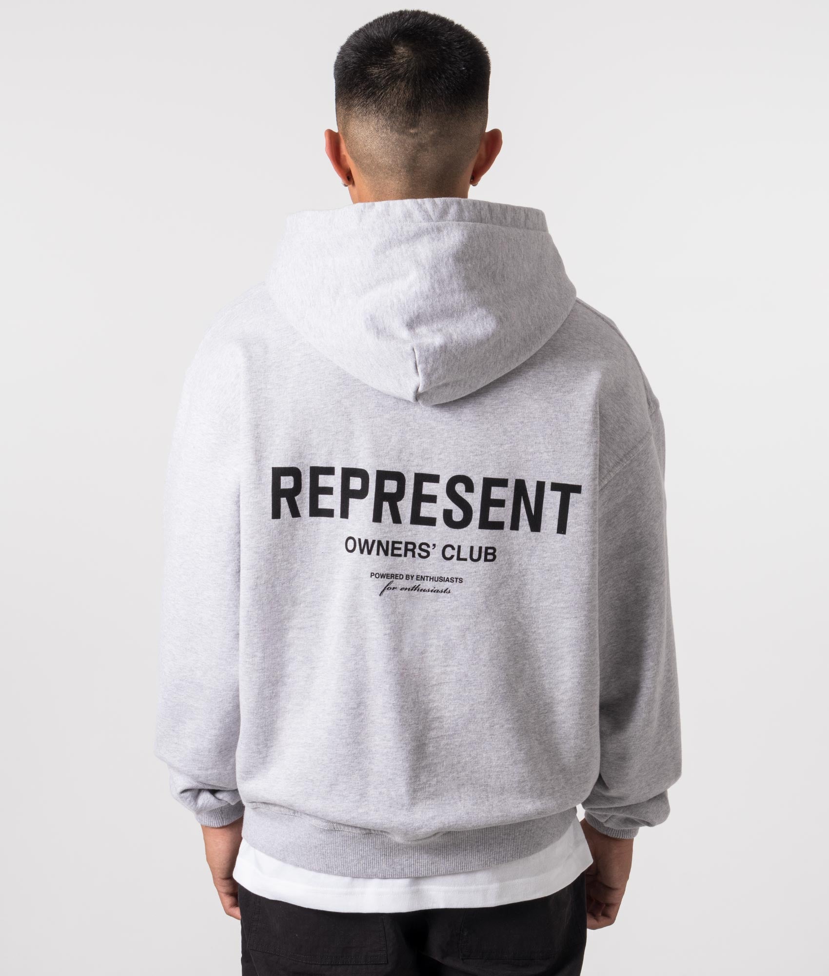 REPRESENT Owners Club Zip Through Hoodie in Ash Grey at EQVVS Menswear. Model Back shot.