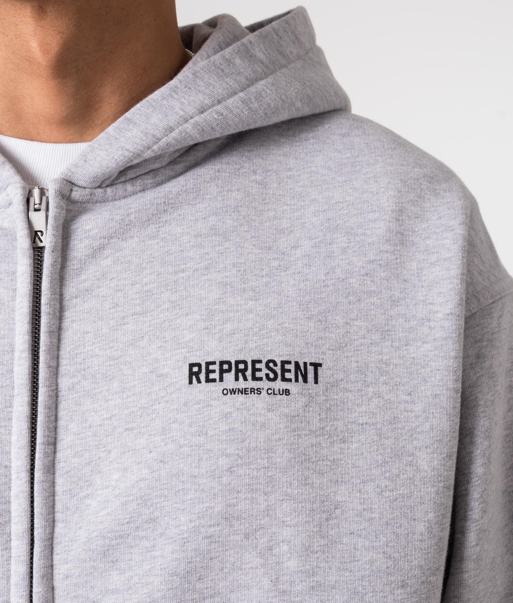 REPRESENT Owners Club Zip Through Hoodie in Ash Grey at EQVVS Menswear. Detail shot.