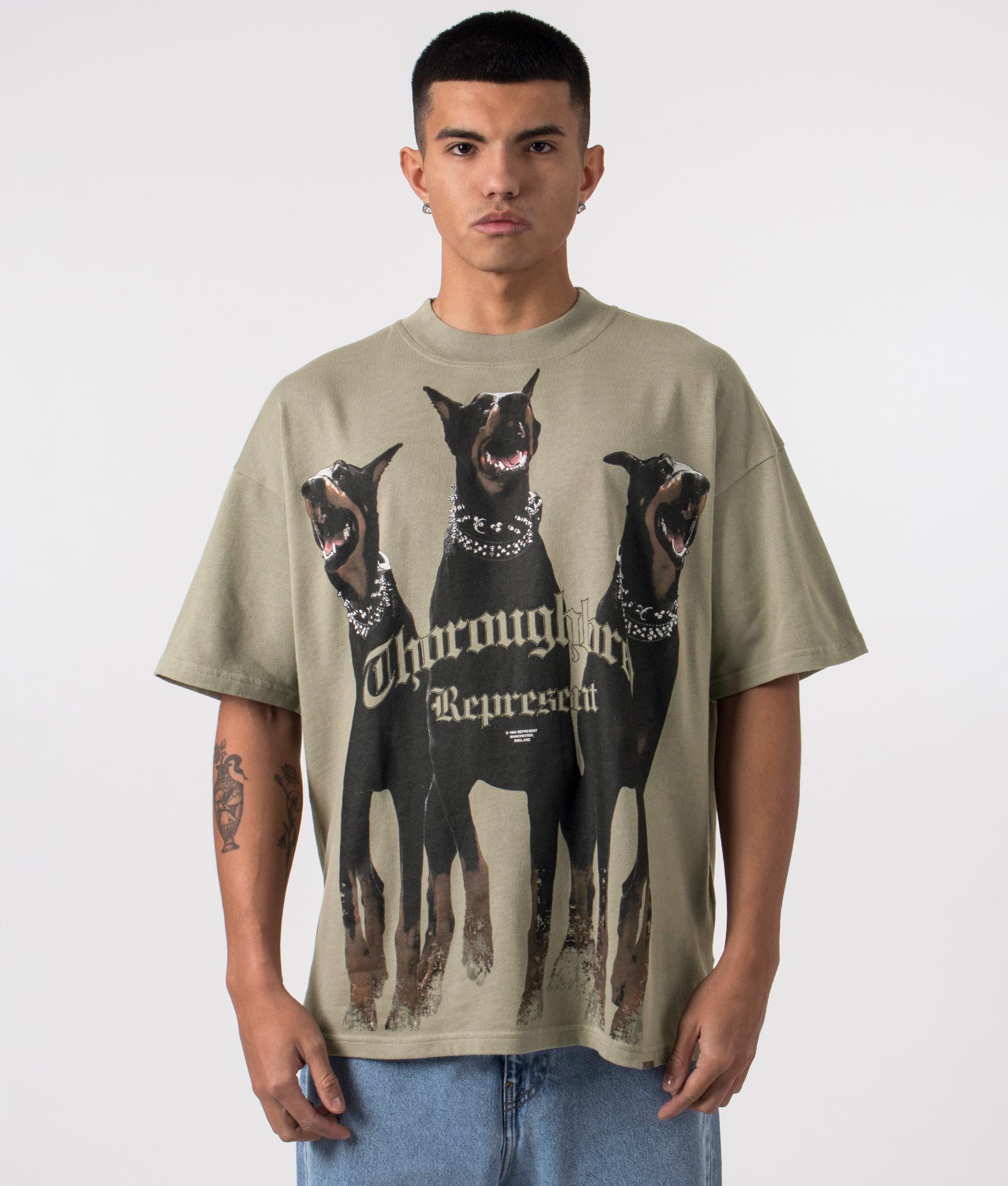 Oversized Thoroughbred T-Shirt in Khaki by Represent. EQVVS Menswear Front Model Shot. 