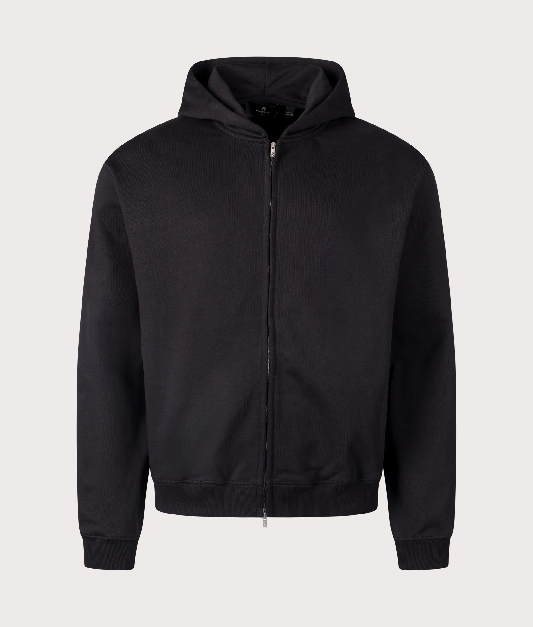 Initial Zip Through Hoodie in Black by REPRESENT. Shot at EQVVS.  Mannequin front shot. 