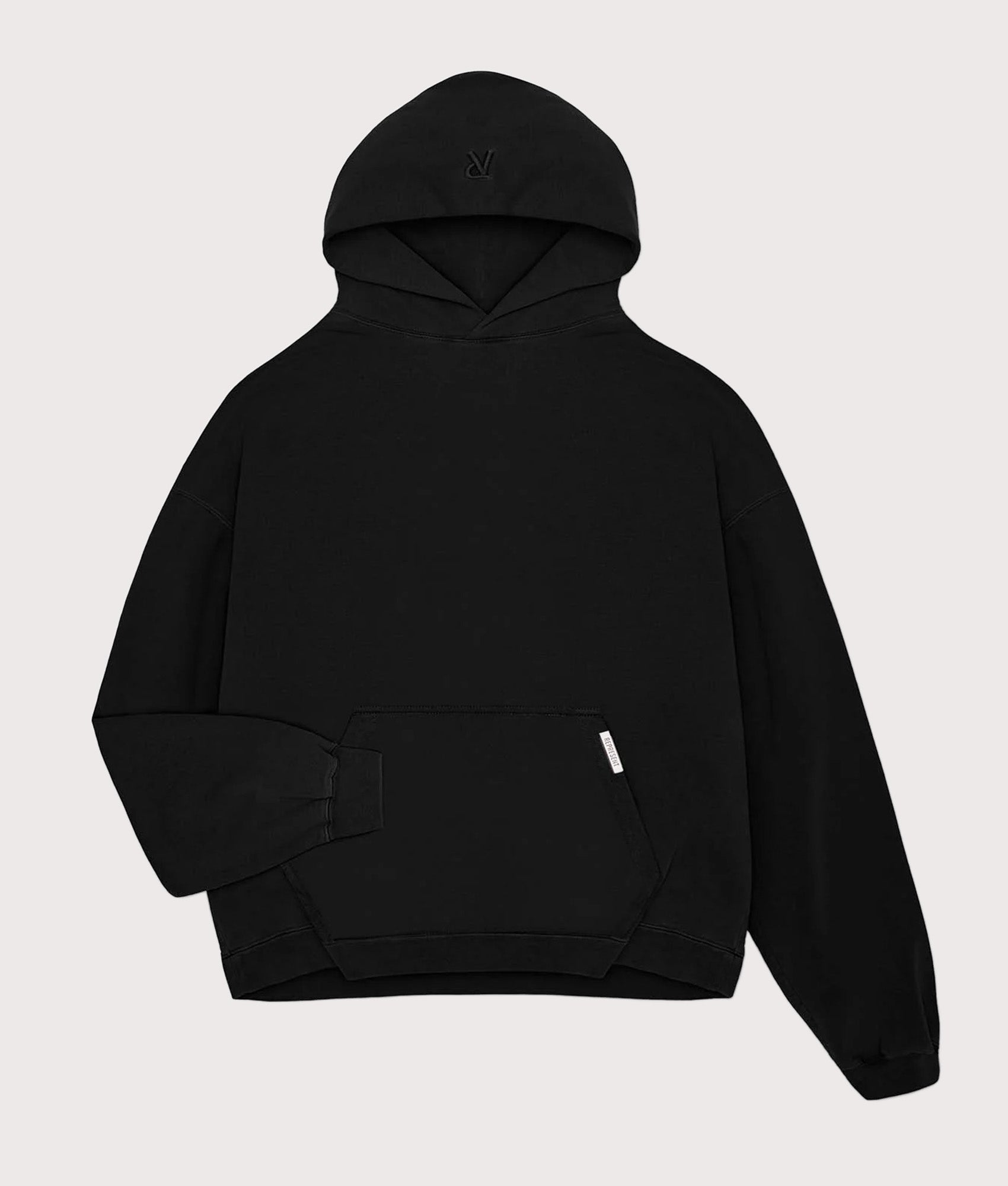 REPRESENT Initial Boxy Oversized Hoodie in black at EQVVS Menswear. Flat shot. 
