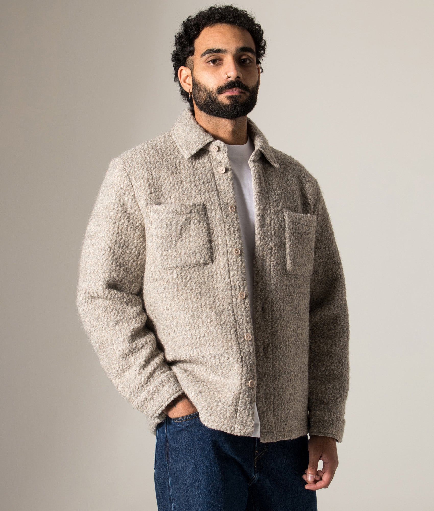Mount Overshirt by Wax London in Natural at EQVVS Menswear. Side A model shot.