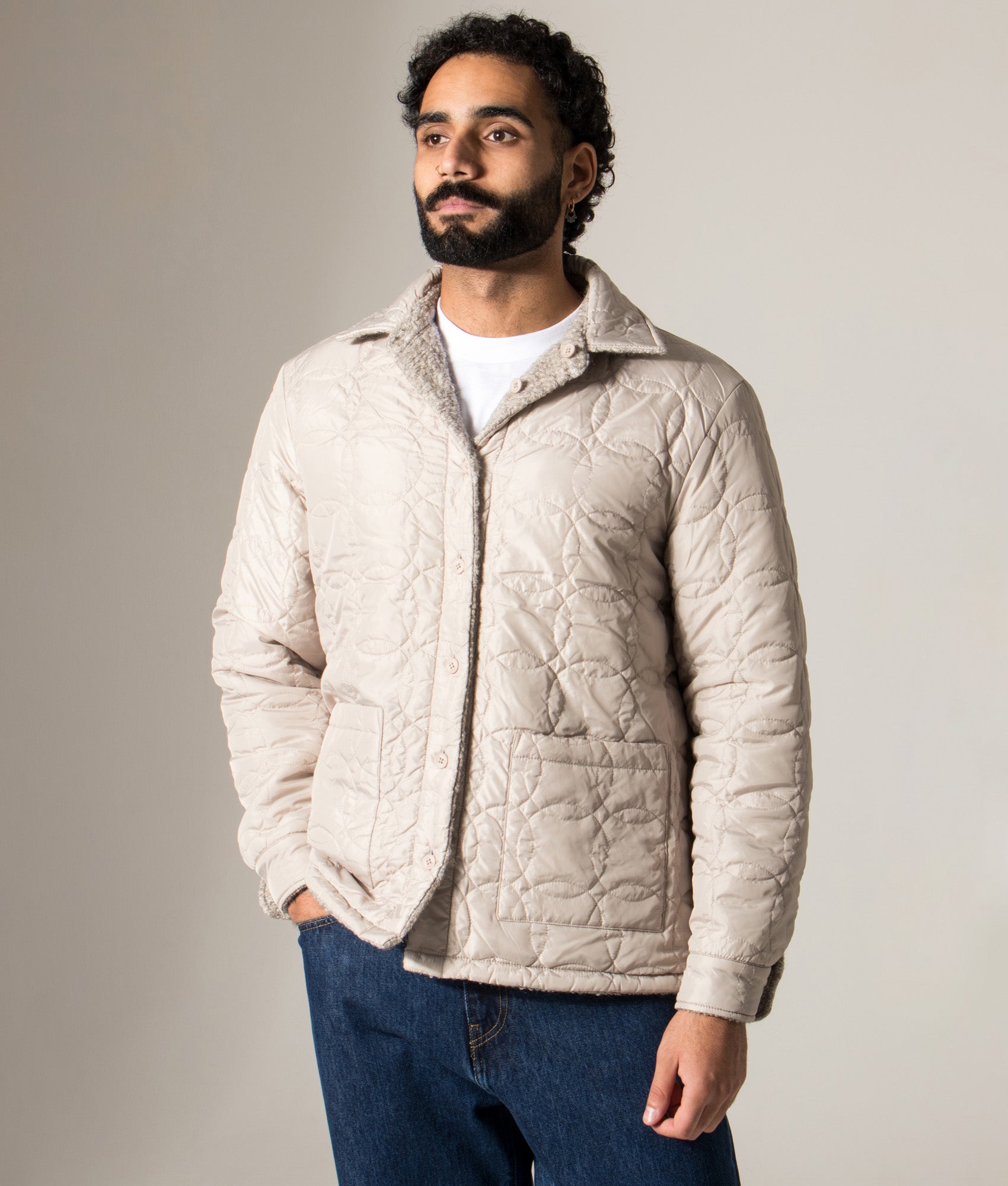 Mount Overshirt by Wax London in Natural at EQVVS Menswear. Side B Model shot.