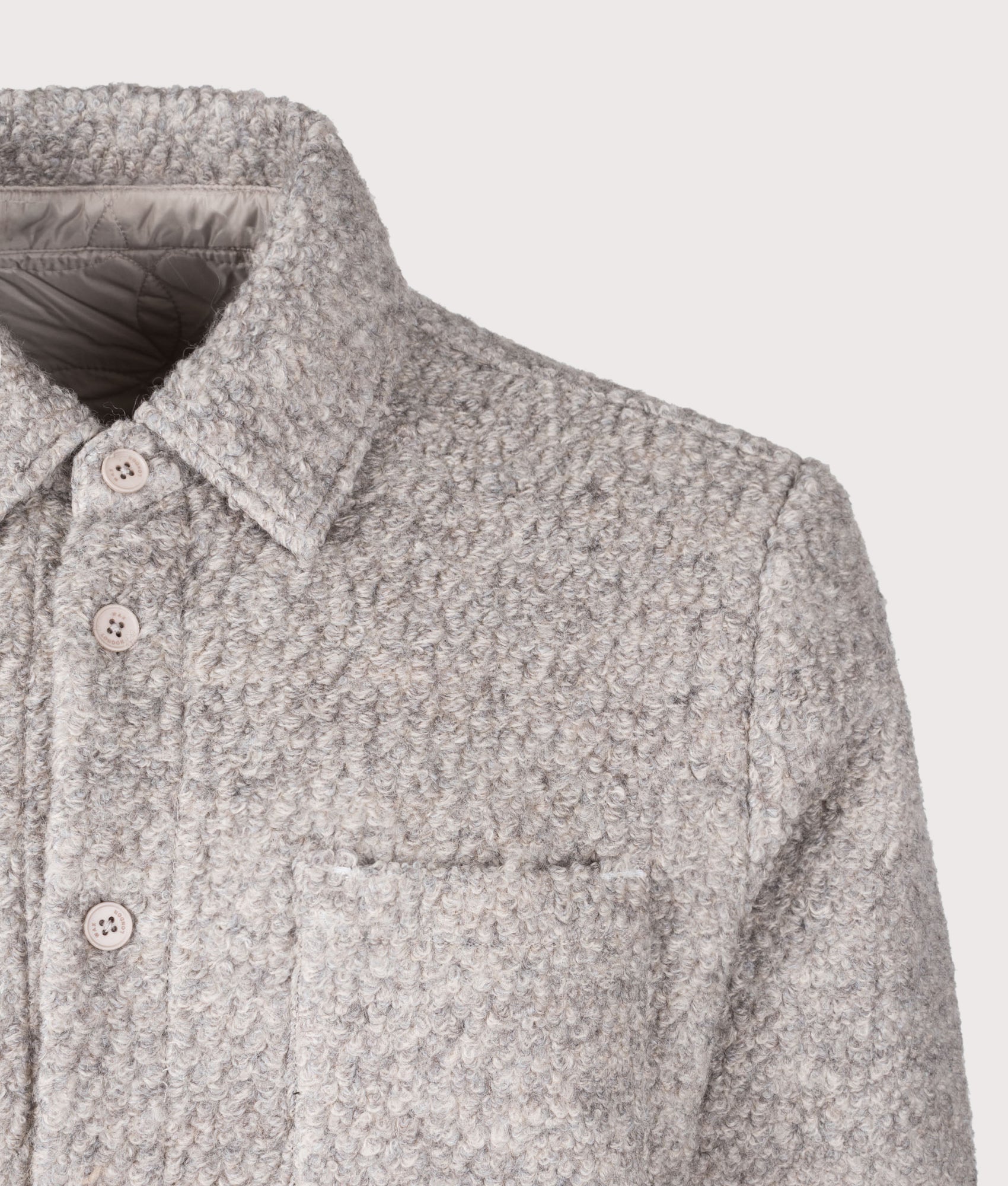 Mount Overshirt by Wax London in Natural at EQVVS Menswear. Side A detail shot.
