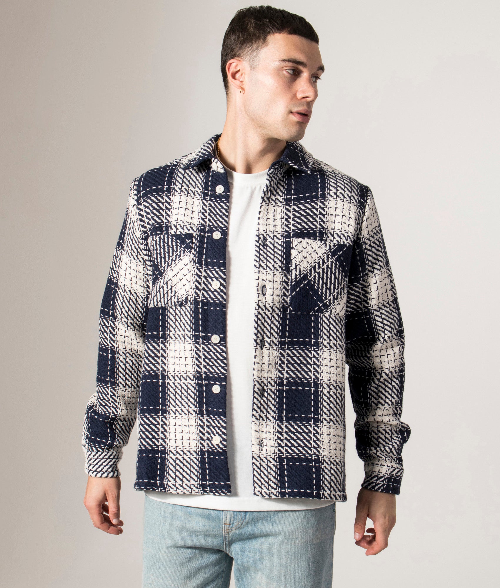 Wax London Whiting Overshirt in Marine Blue at EQVVS. Front model shot 