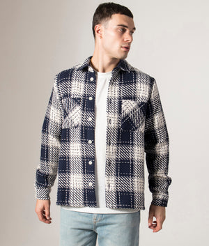 Wax London Whiting Overshirt in Marine Blue at EQVVS. Front model shot 