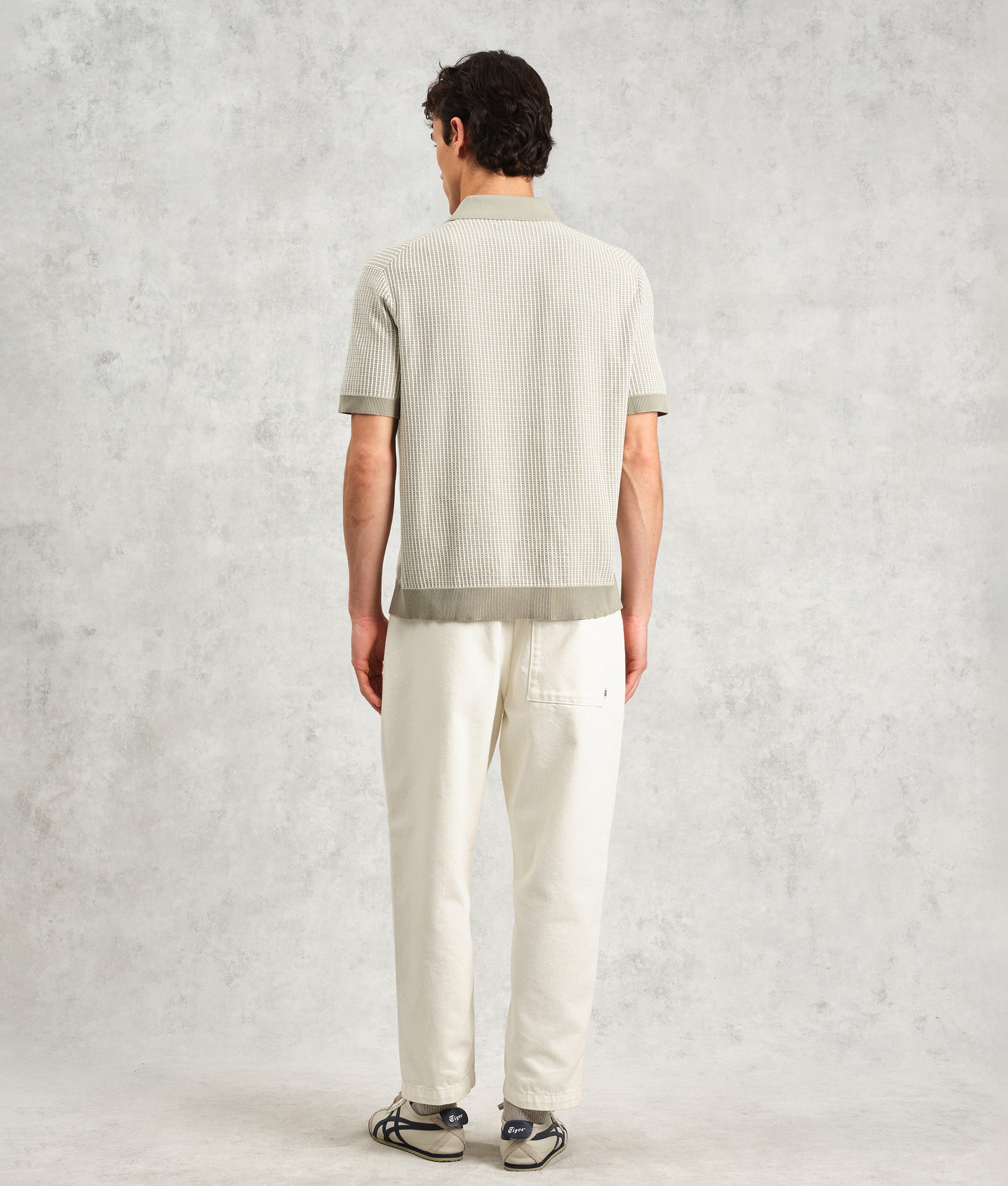 Wax London Turin Polo Shirt in Light Khaki at EQVVS. Back Shot Model.