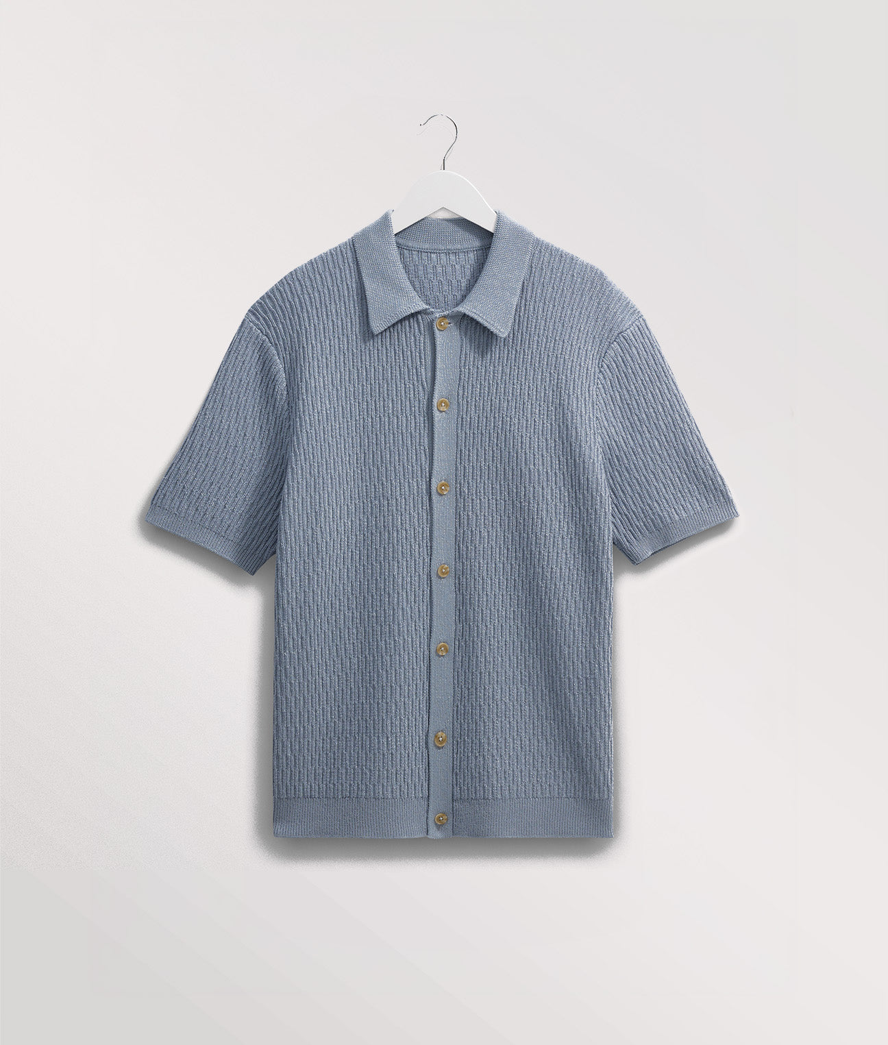 Wax London Tellaro Short Sleeve Shirtin Blue at EQVVS. Front Shot hanging