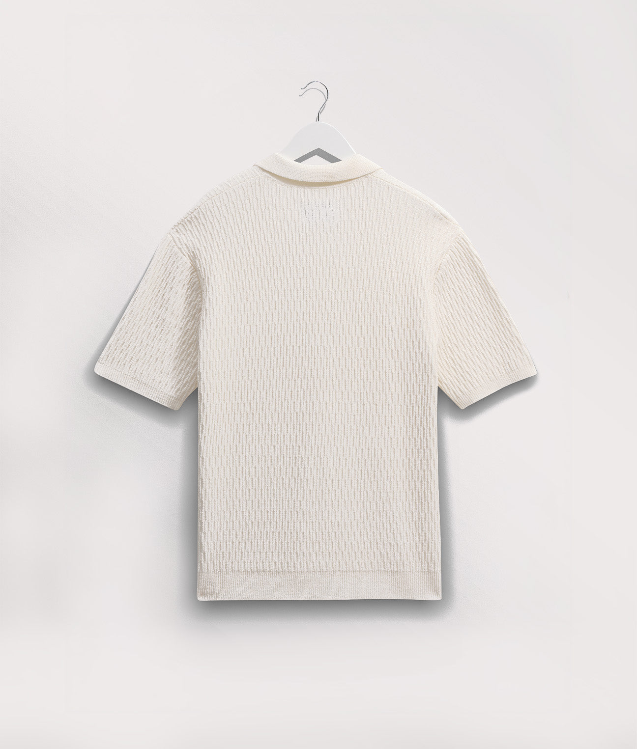 Wax London Tellaro Short Sleeve Shirt in Ecru at EQVVS. Back Shot Hanging.