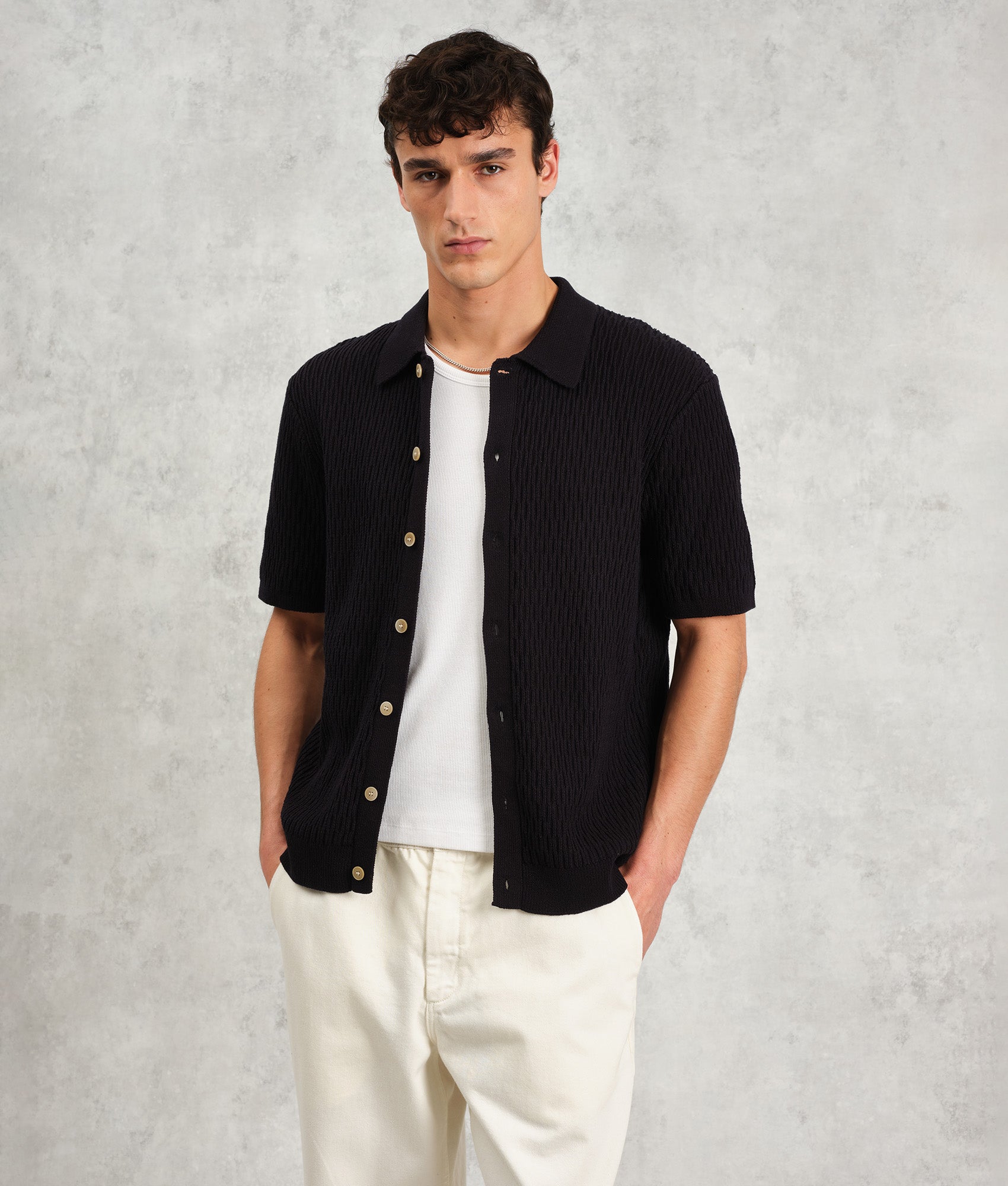 Wax London Tellaro Short Sleeve Shirt in Navy Blue at EQVVS. Front Shot Model