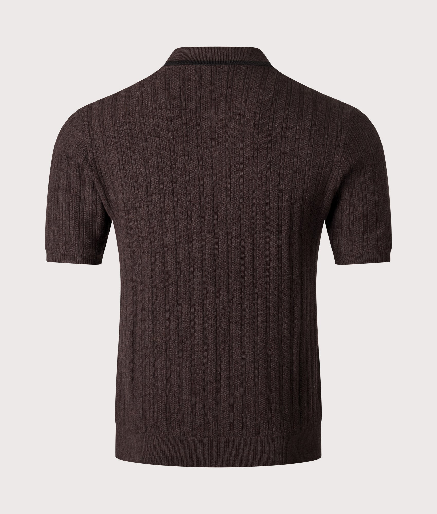 Bury Quarter Zip Knit Polo Shirt by Wax London nin Dark Brown. Shot by EQVVs. Back shot.