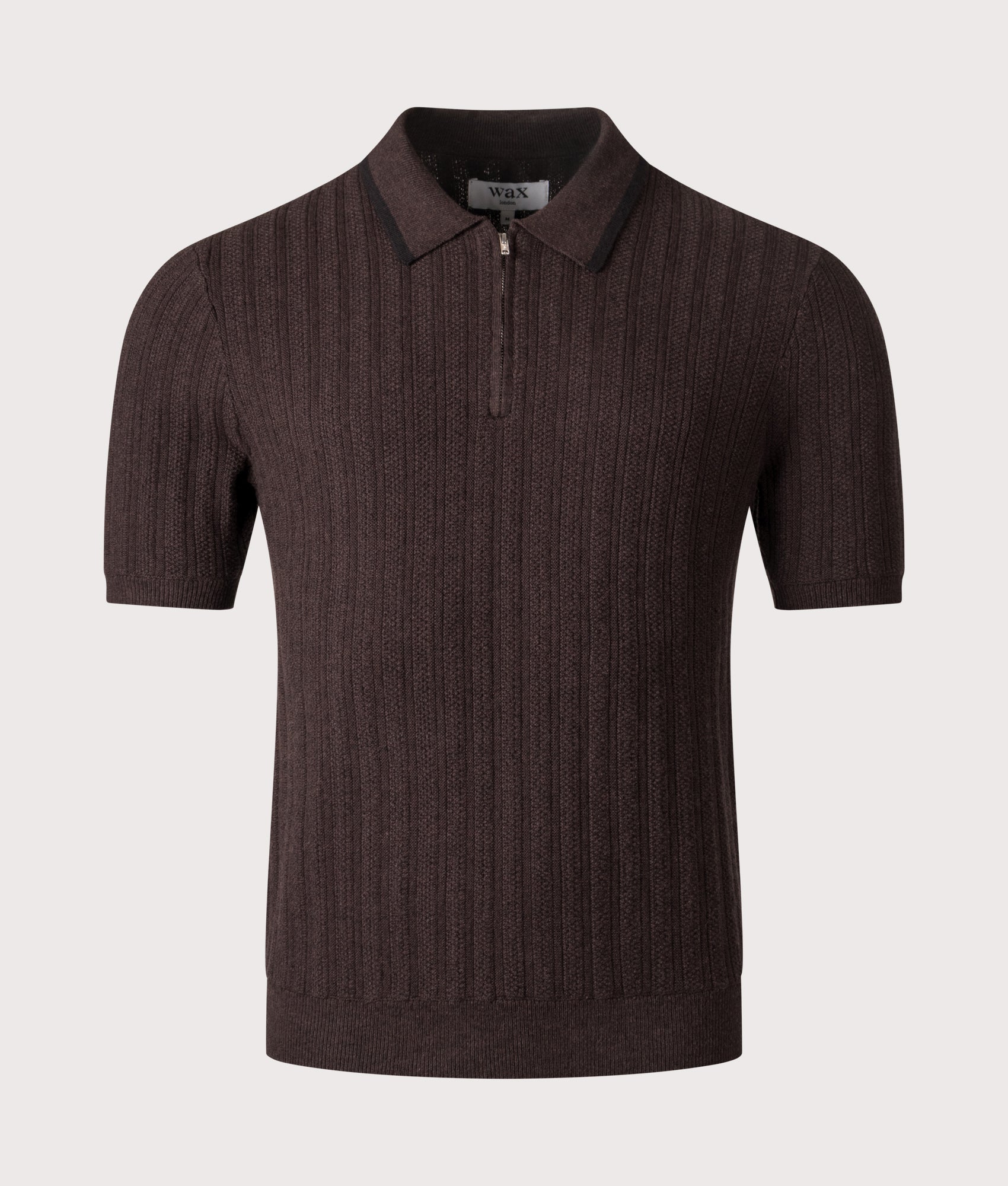 Bury Quarter Zip Knit Polo Shirt by Wax London nin Dark Brown. Shot by EQVVs. Front shot.