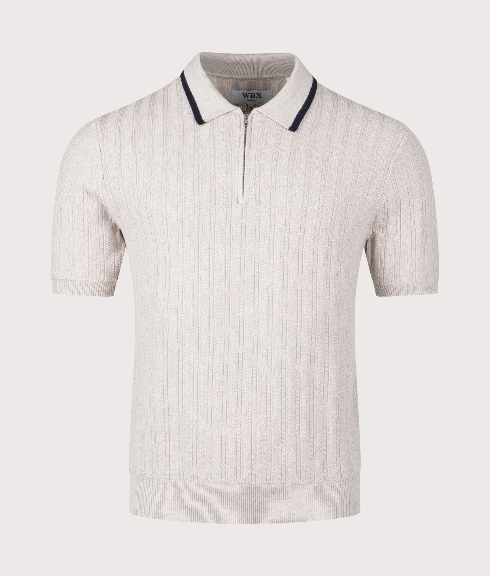 Bury Quarter Zip Knit Polo Shirt by Wax London in Natural Melange. Shot by EQVVS. Front shot.