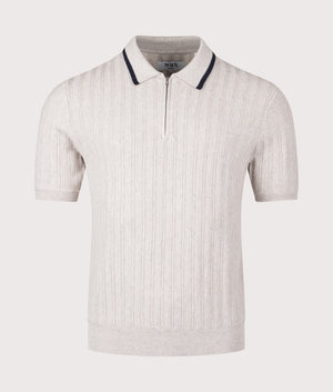 Bury Quarter Zip Knit Polo Shirt by Wax London in Natural Melange. Shot by EQVVS. Front shot.