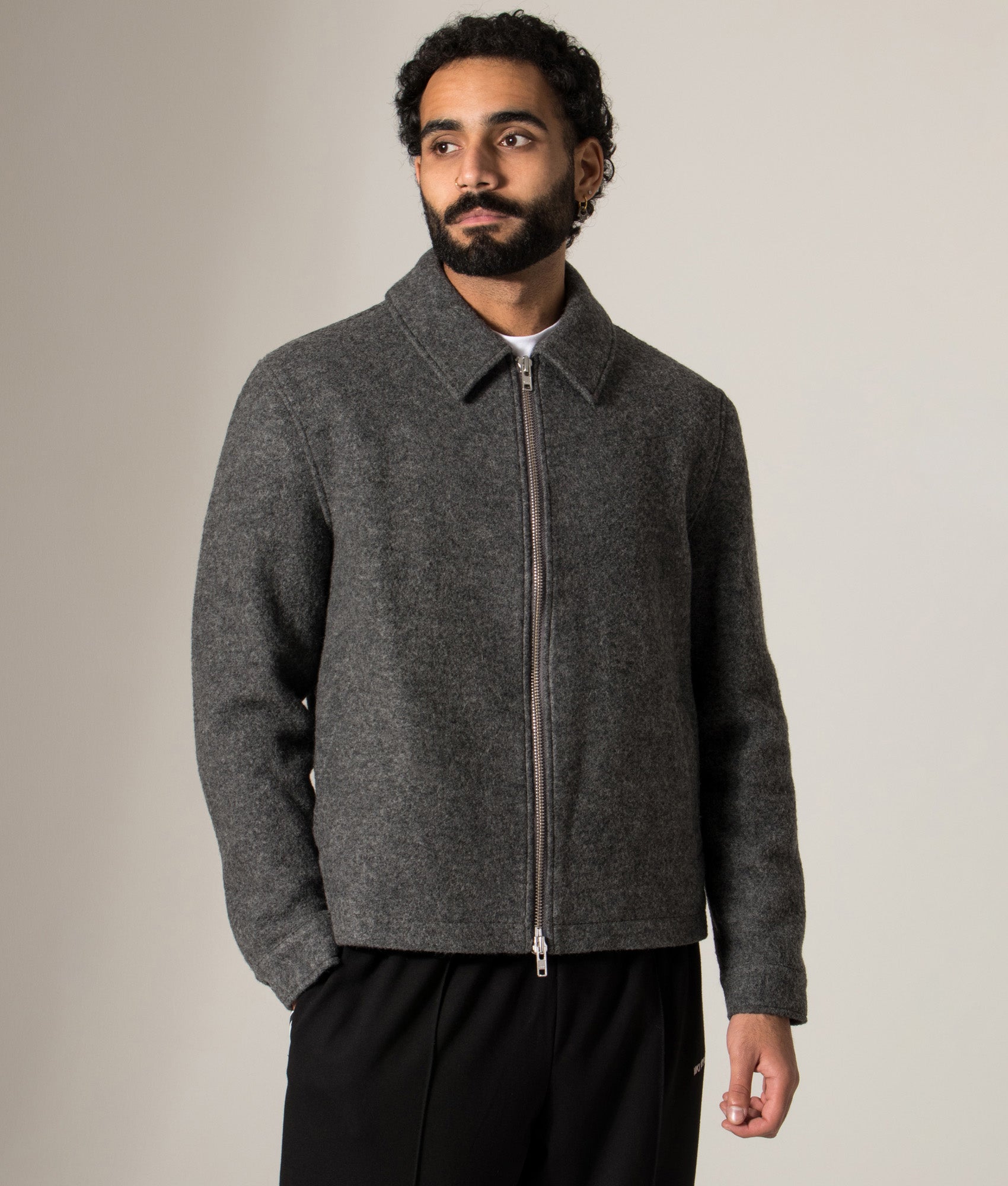 Eldon Jacket in Mid Grey | 100% Italian Wool | Wax London | EQVVS | Model shot 