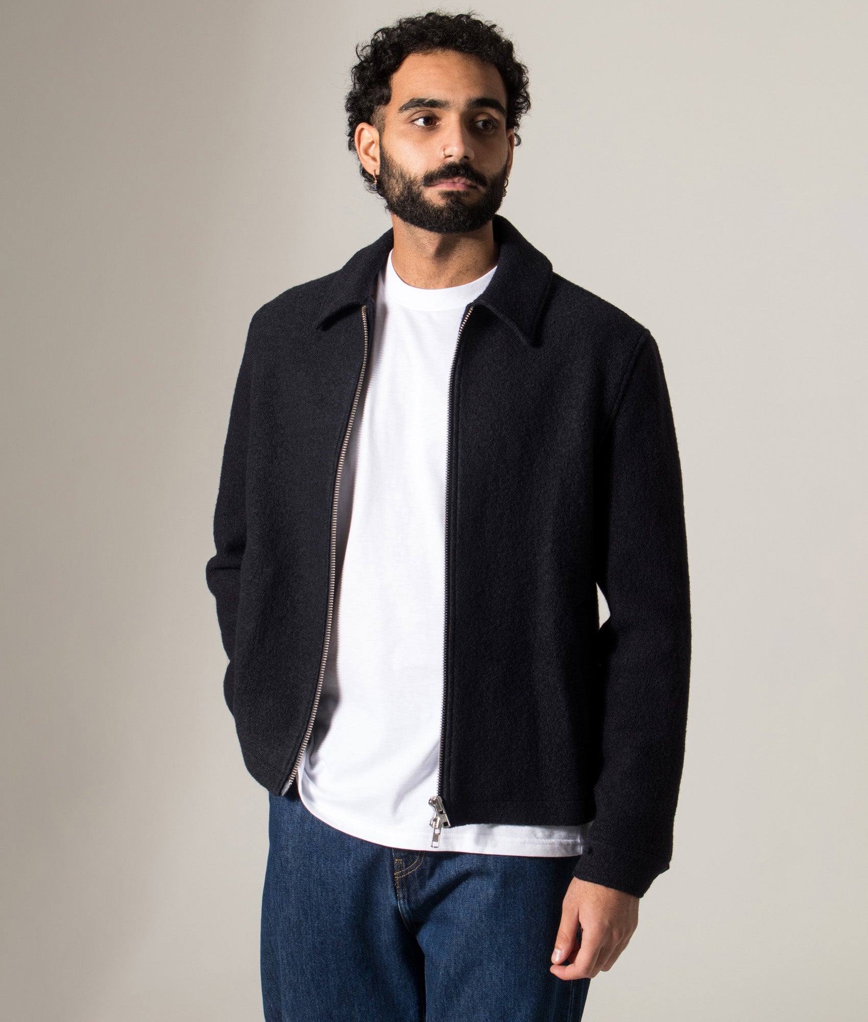 Eldon Jacket in Midnight | 100% Italian Wool | Wax London | EQVVS | Front  model open shot 