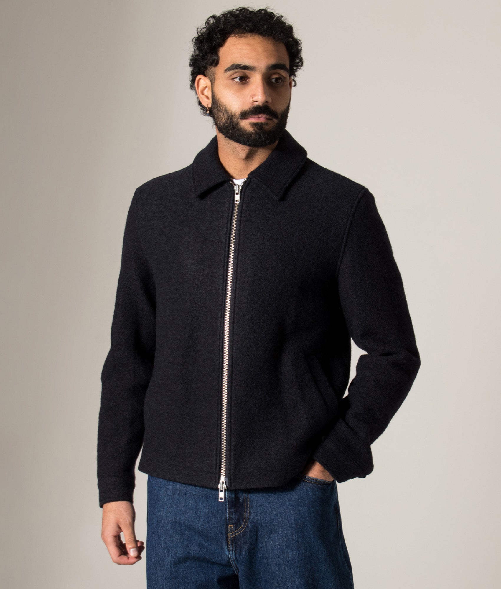 Eldon Jacket in Midnight | 100% Italian Wool | Wax London | EQVVS | Front model closed  shot 
