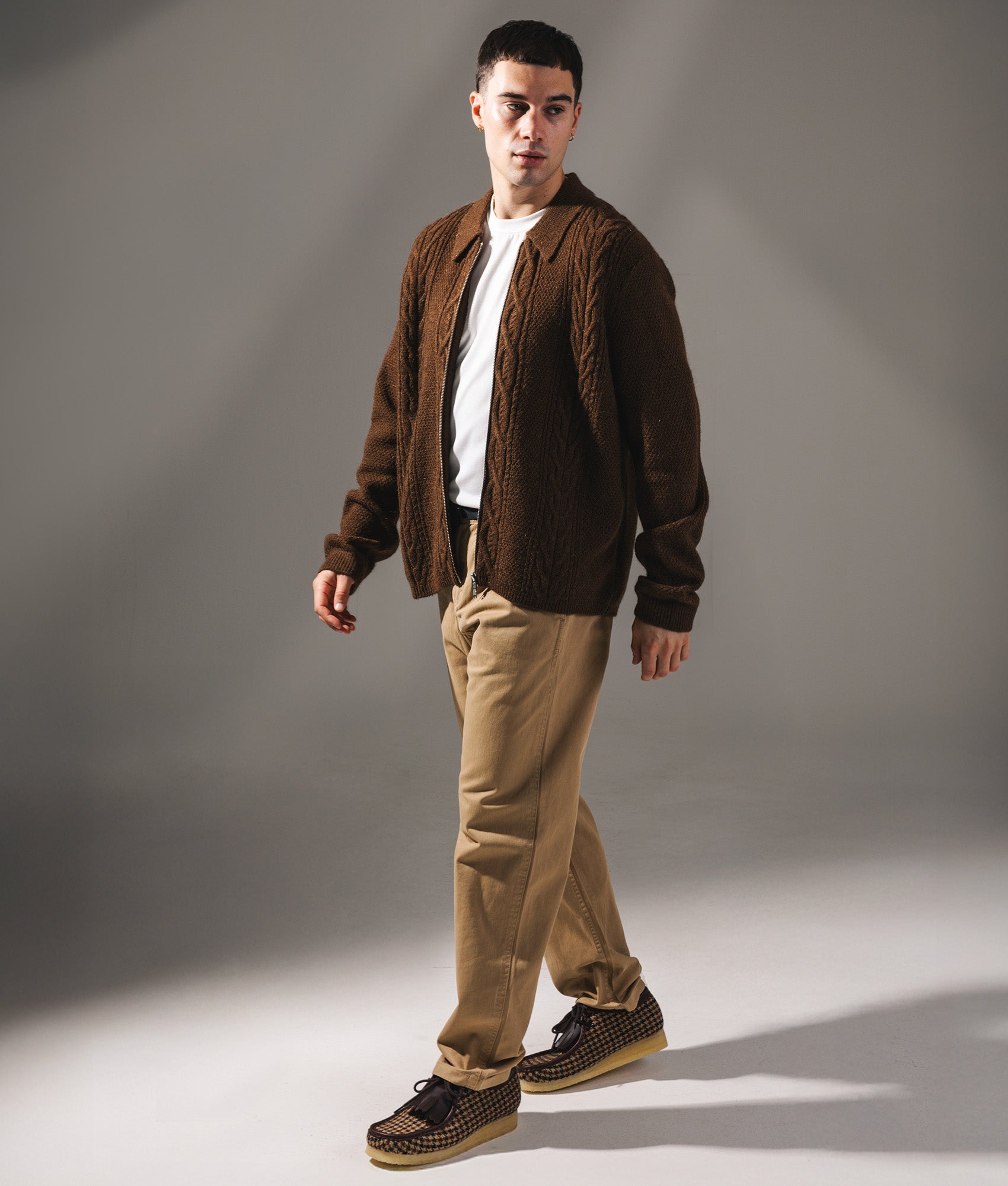 Wax London Friar Zip Knit Jacket  in Brown at EQVVS Menswear. Model shot.