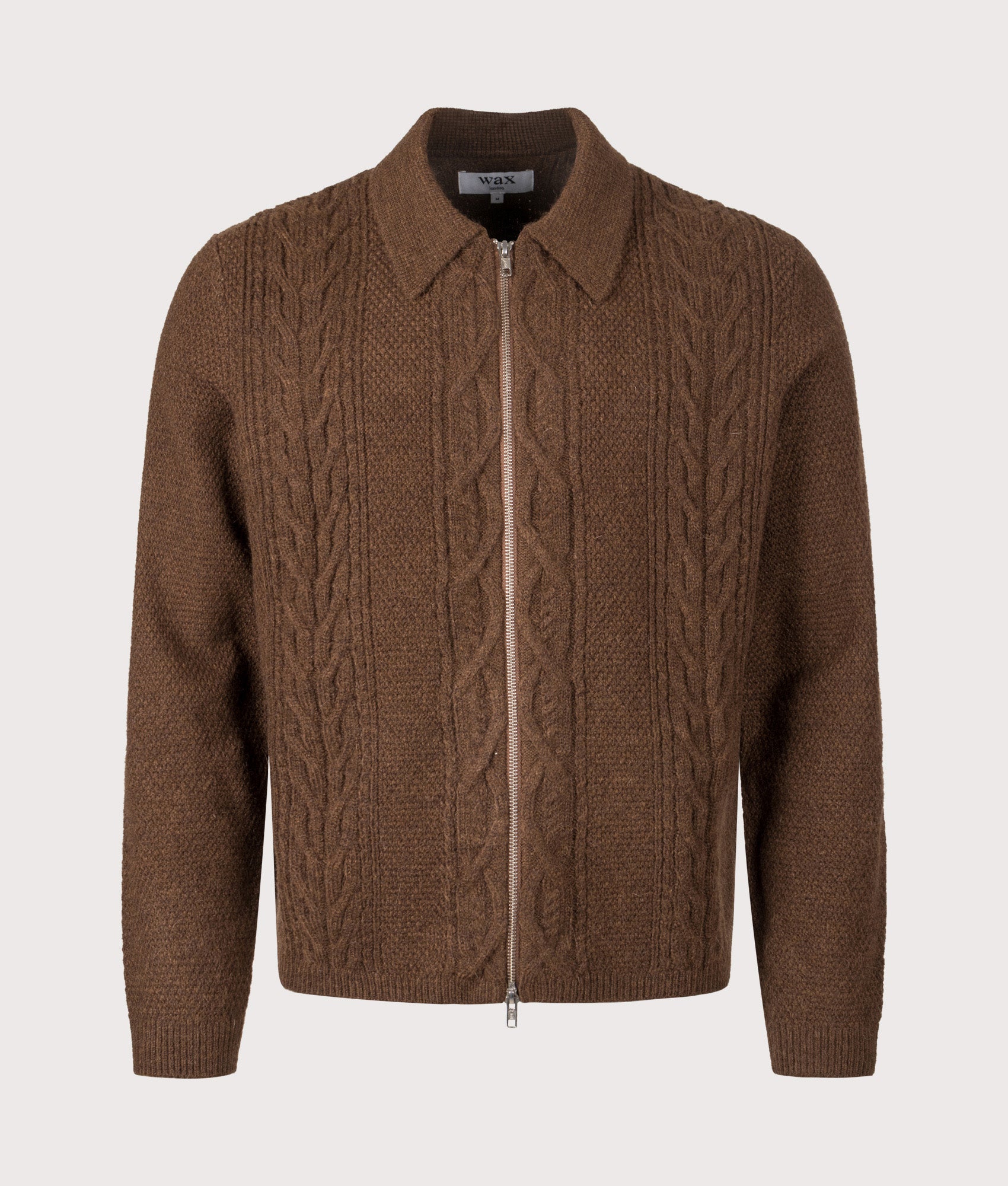 Wax London Friar Zip Knit Jacket  in Brown at EQVVS Menswear. Front shot.