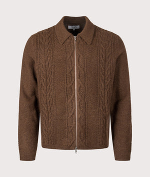 Friar Zip Knit Jacket by Wax London in Brown. Shot by EQVVS. Front shot.
