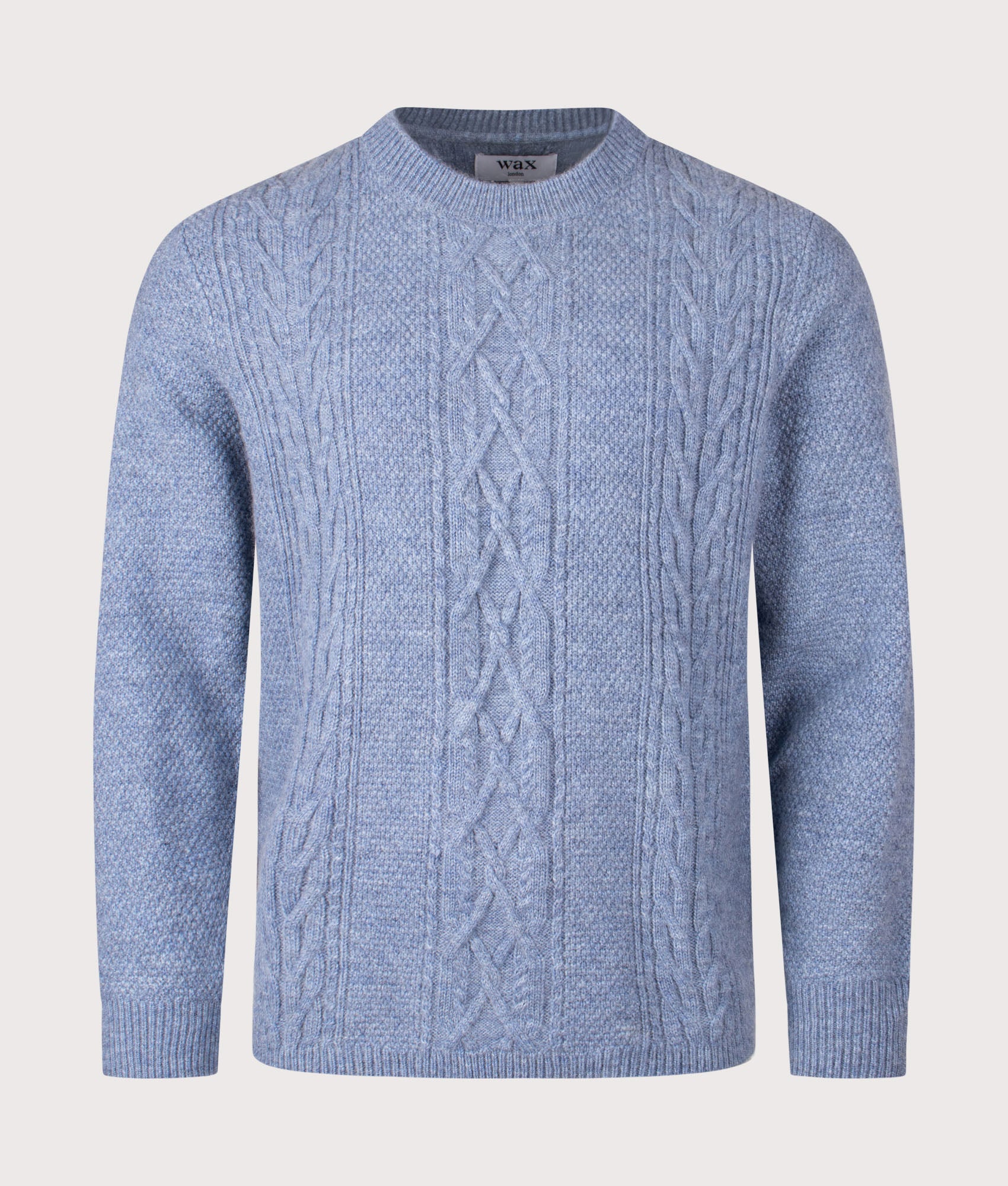 Hyatt Crew Jumper by Wax London in Light Blue. Shot by EQVVS. Front Shot.