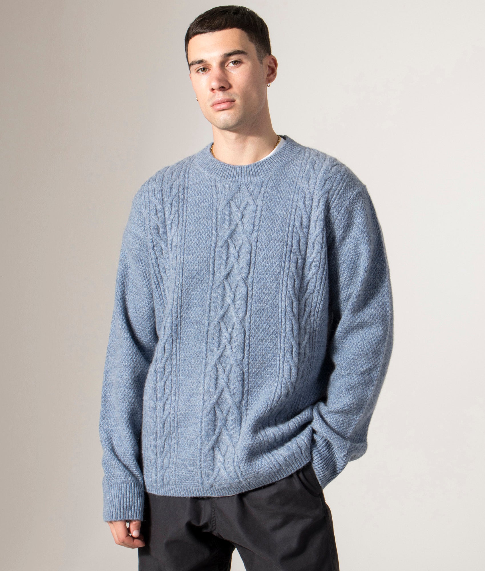 Hyatt Crew Jumper by Wax London in Light Blue. Shot by EQVVS. Front model Shot.