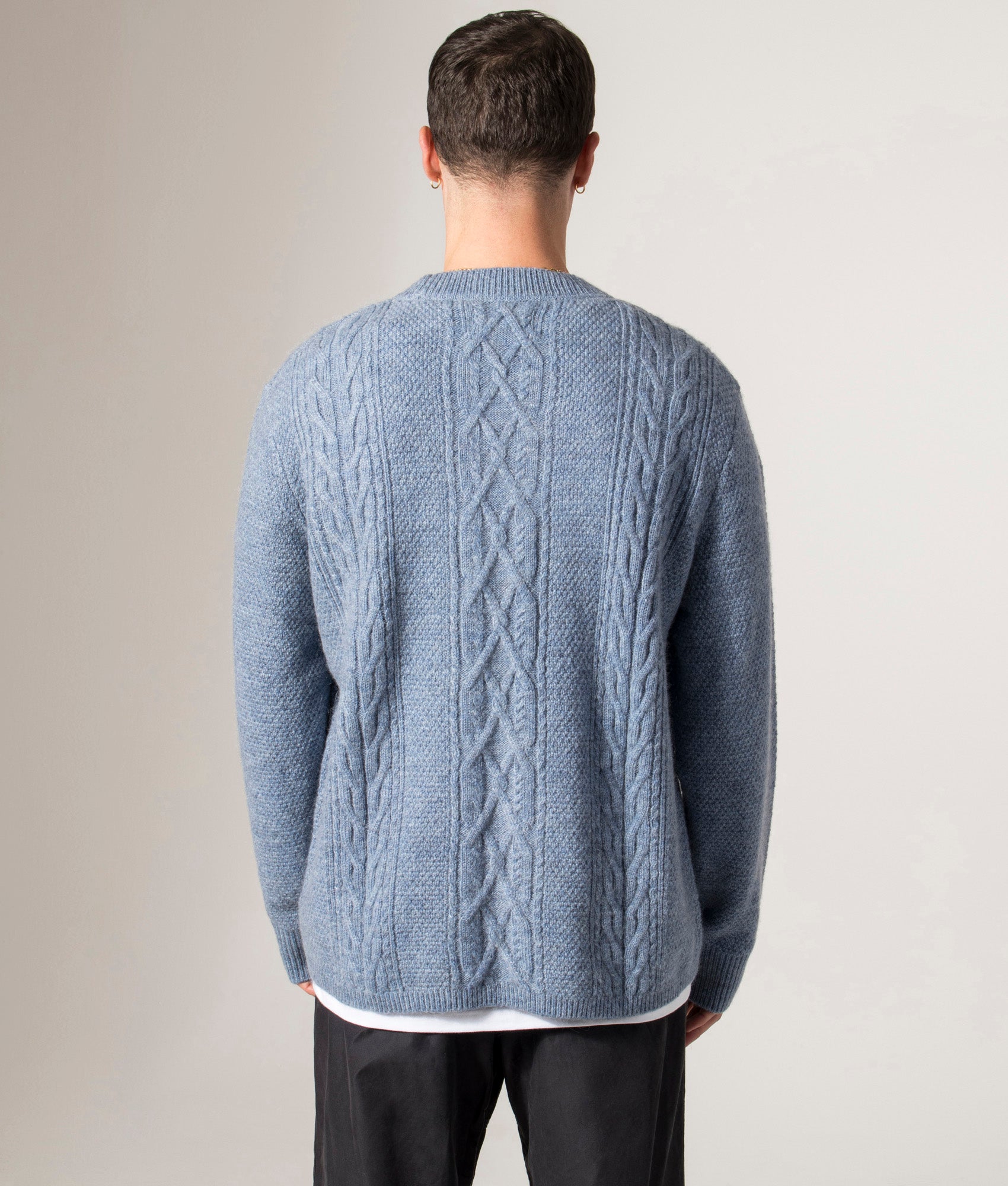 Hyatt Crew Jumper by Wax London in Light Blue. Shot by EQVVS. Back model Shot.