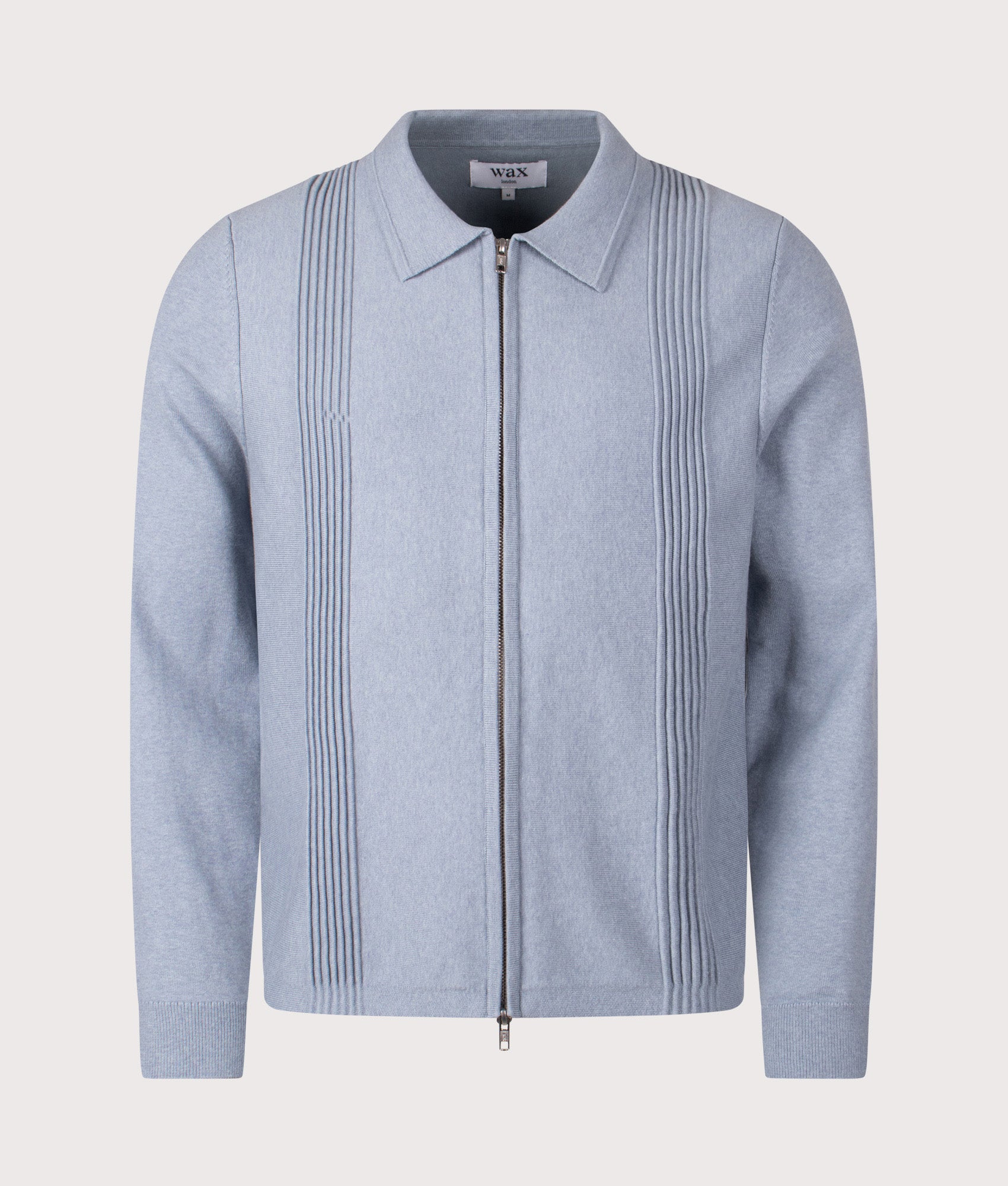 Lennox Polo Collar Zip Knit by Wax London in Grey Blue. Shot by EQVVS. Front shot.