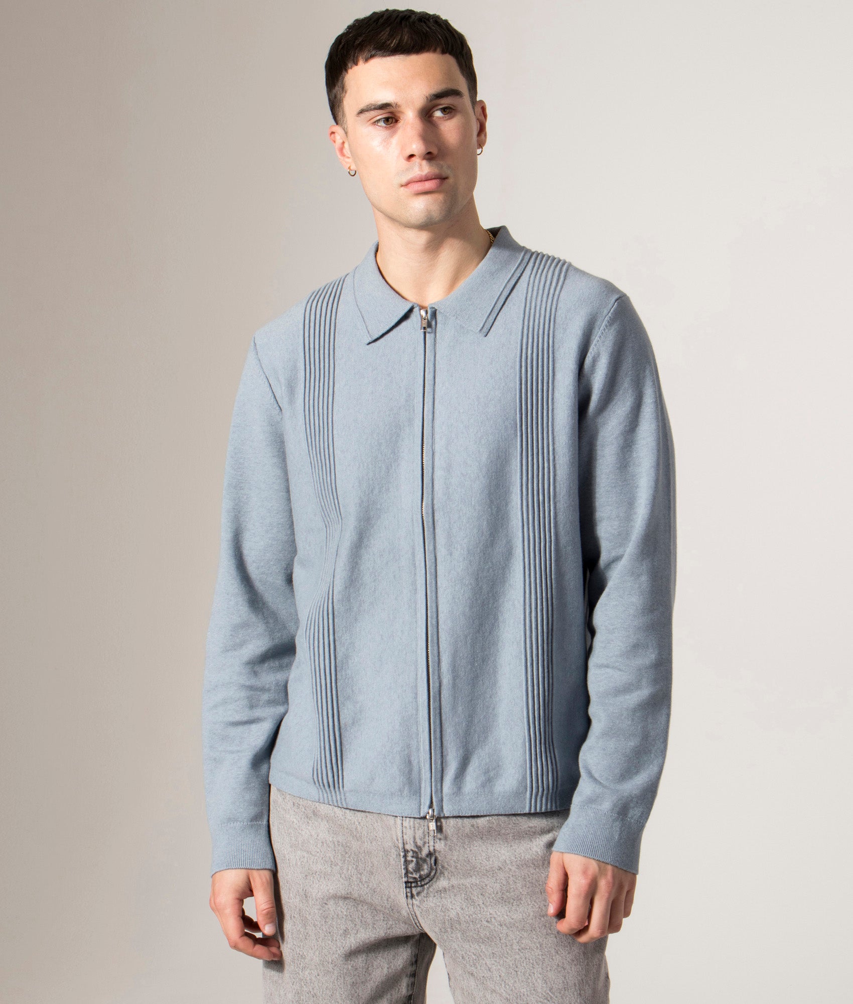 Lennox Polo Collar Zip Knit by Wax London in Grey Blue. Shot by EQVVS. Front model shot.