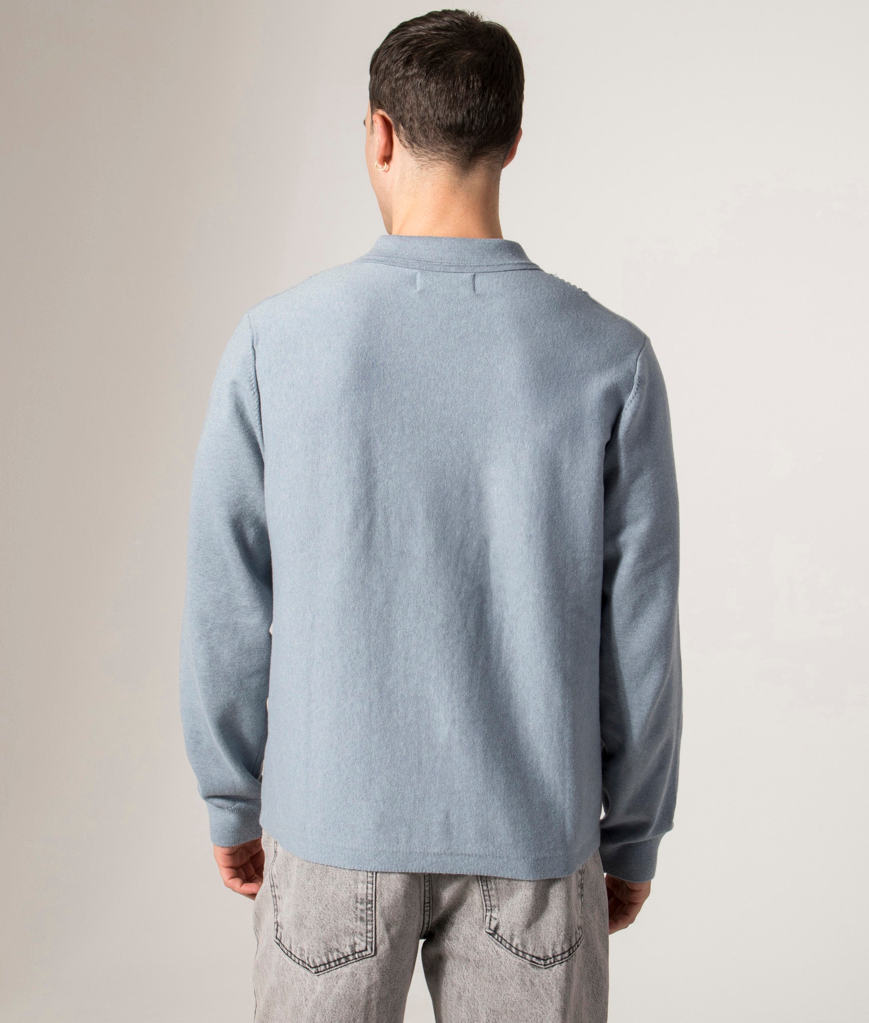 Lennox Polo Collar Zip Knit by Wax London in Grey Blue. Shot by EQVVS. Back model shot.