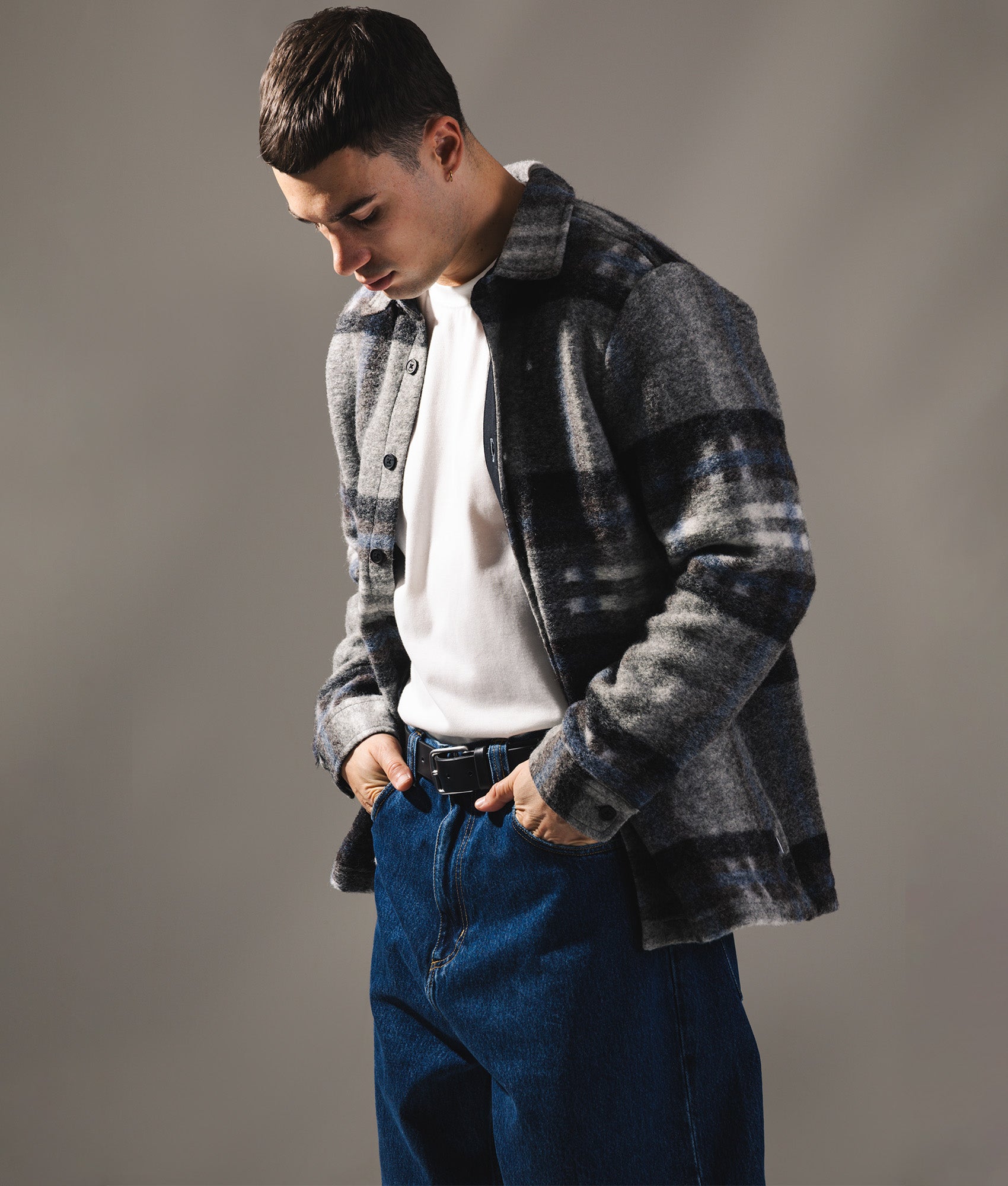 Nolan Overshirt by Wax London in Grey Blue. Shot by EQVVS. Front model shot.