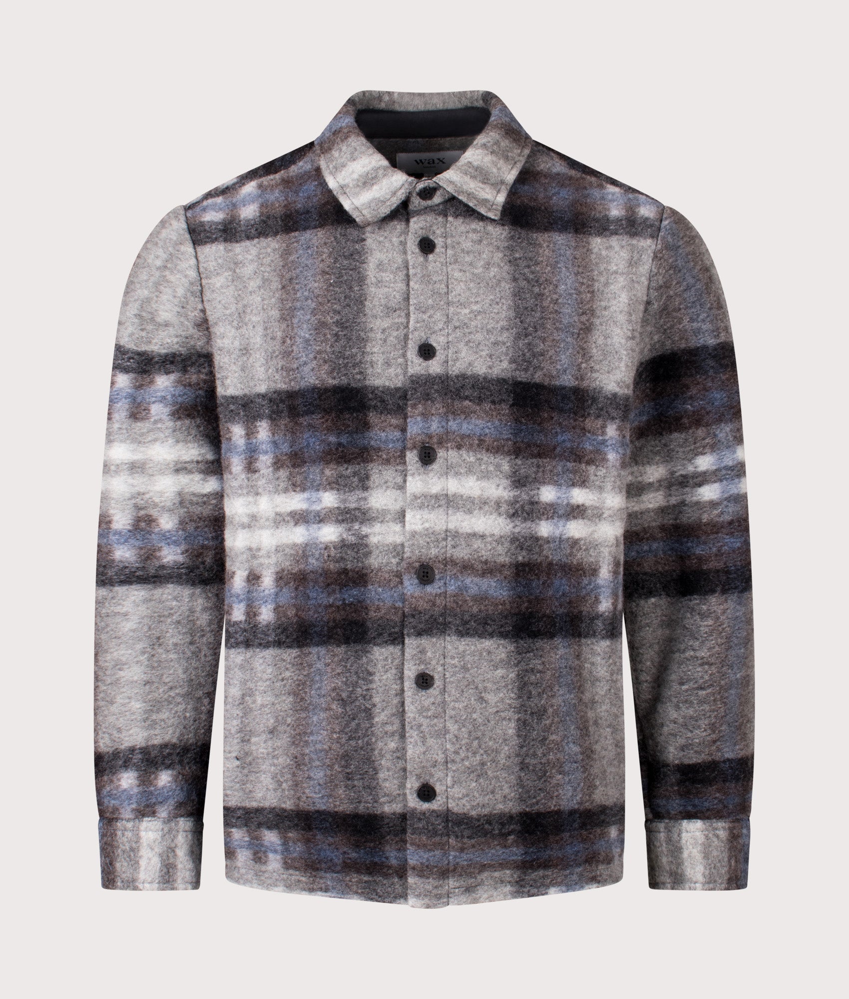Nolan Overshirt by Wax London in Grey Blue. Shot by EQVVS. Front shot.