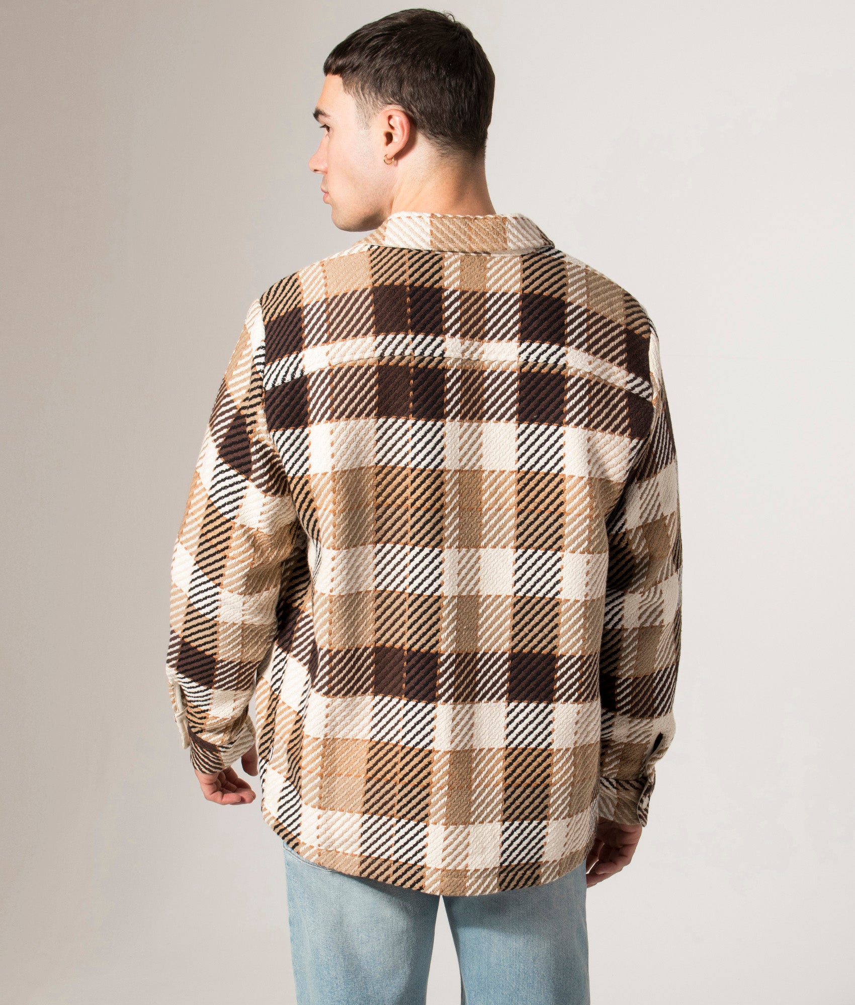 Whiting Overshirt by Wax London in Natural Brown. Shot by EQVVS. Back model shot.