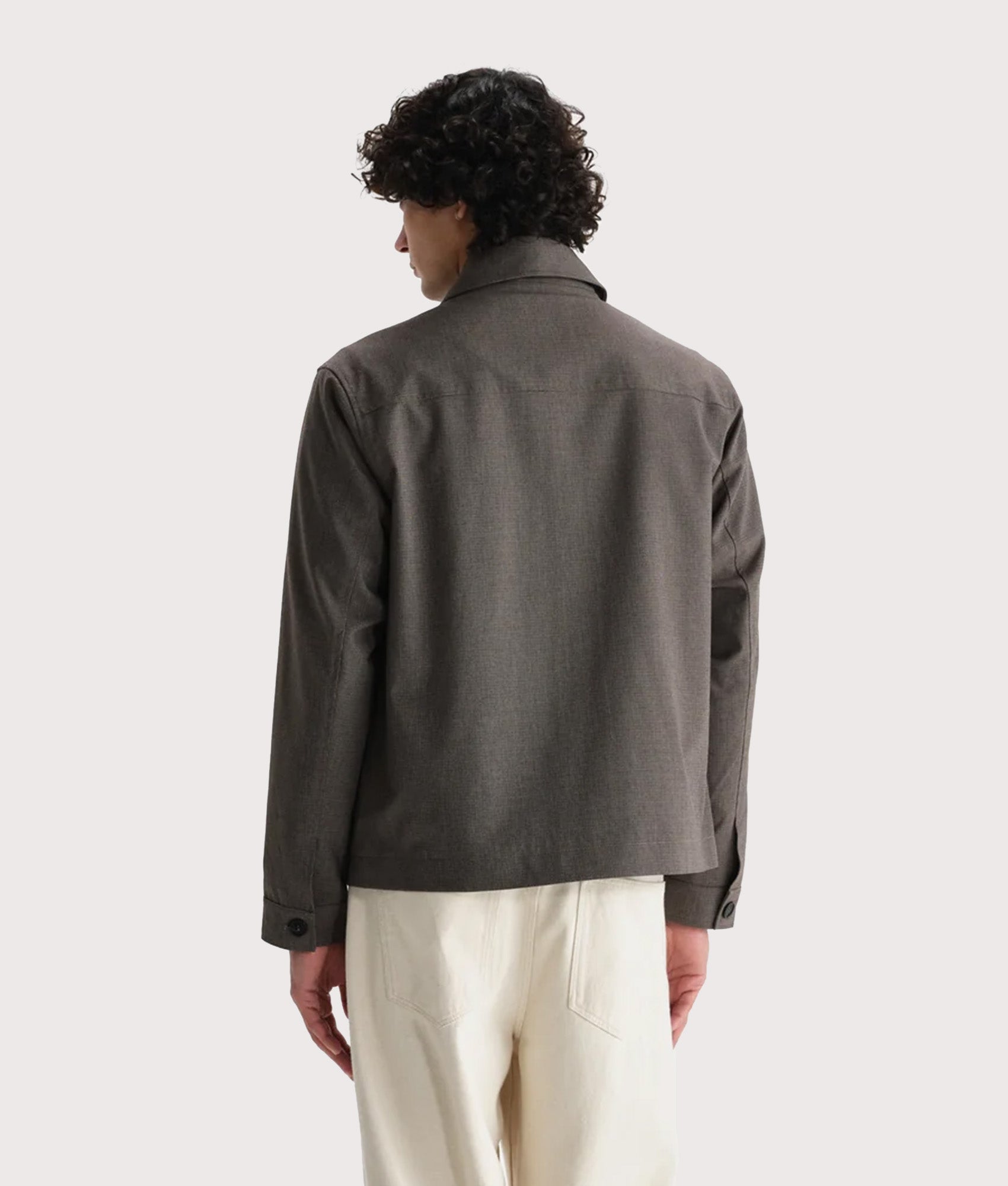 Wax London Eldon Jacket Brown Micro Puppytooth at EQVVS Menswear. Model Back shot.