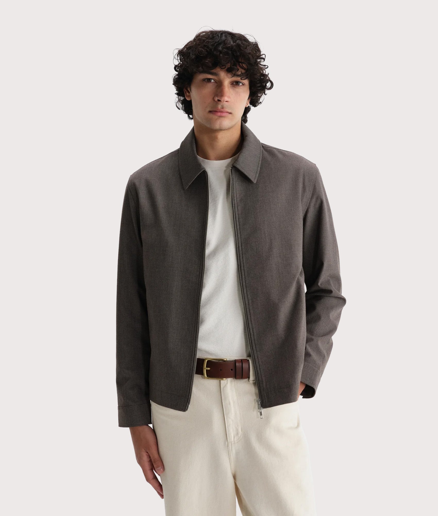 Wax London Eldon Jacket Brown Micro Puppytooth at EQVVS Menswear. Model front shot.