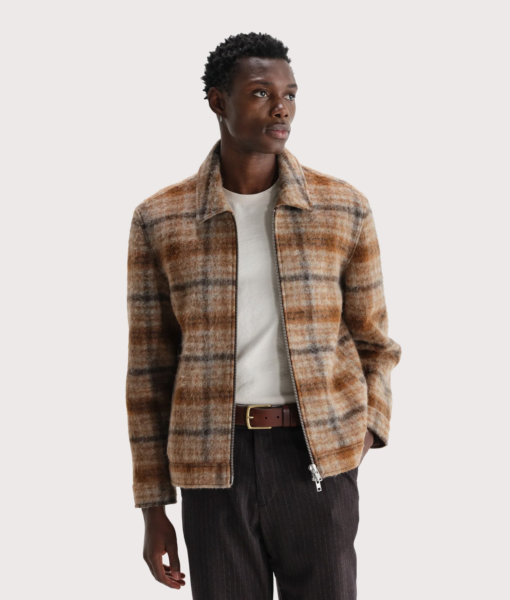 Wax London Heath Jacket in Natural and Tan at EQVVS Menswear. Model front shot.