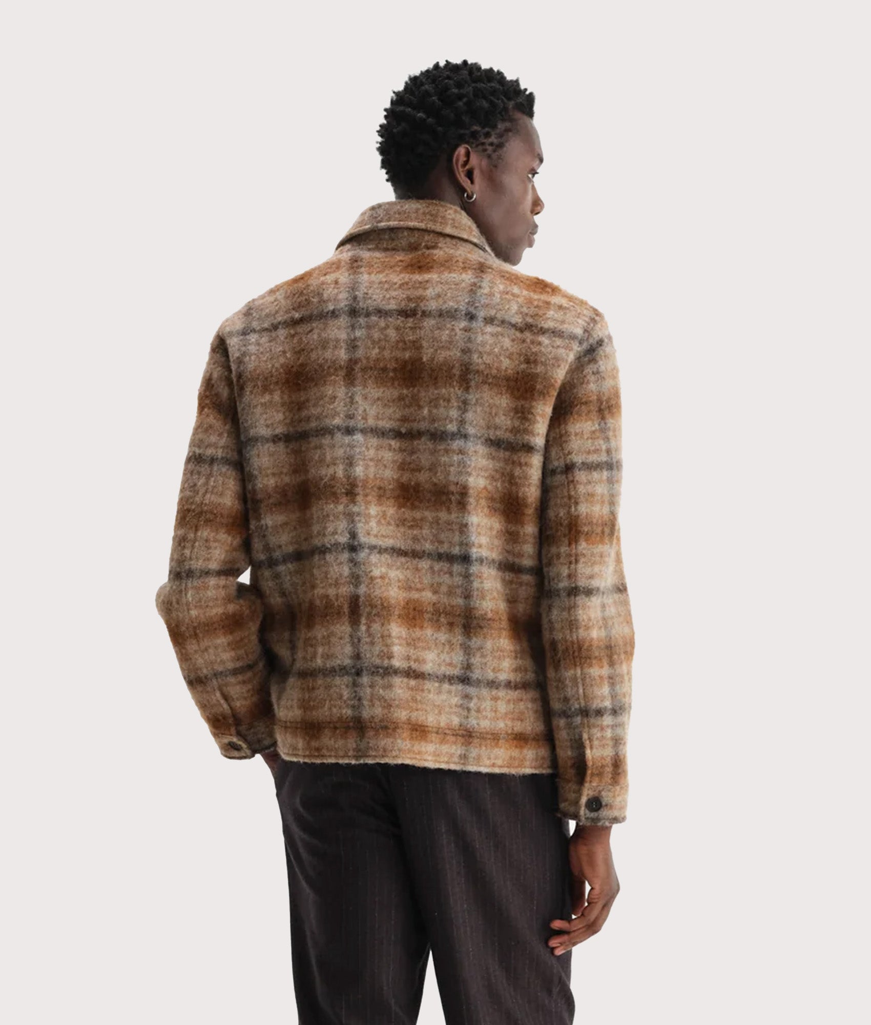 Wax London Heath Jacket in Natural and Tan at EQVVS Menswear. Model back shot.