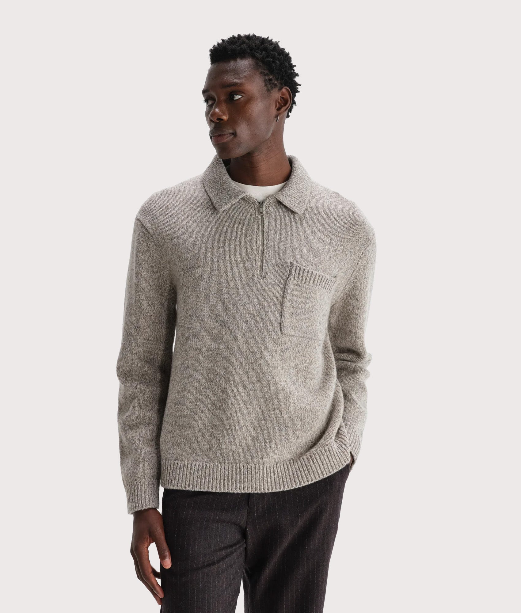 Wax London Alpha Zip Polo Shirt in Grey at EQVVS Menswear. Model front shot.