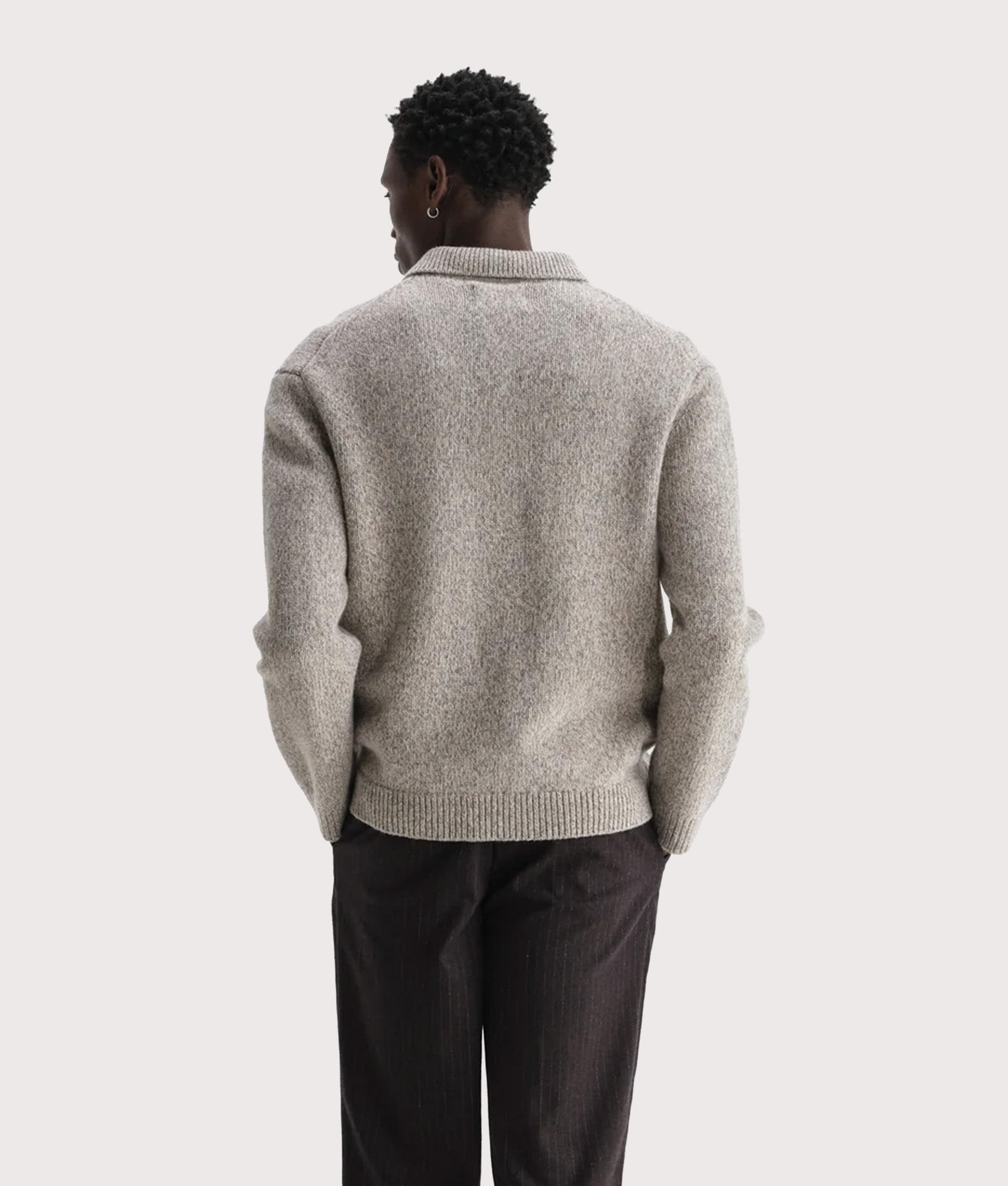 Wax London Alpha Zip Polo Shirt in Grey at EQVVS Menswear. Model Back shot.