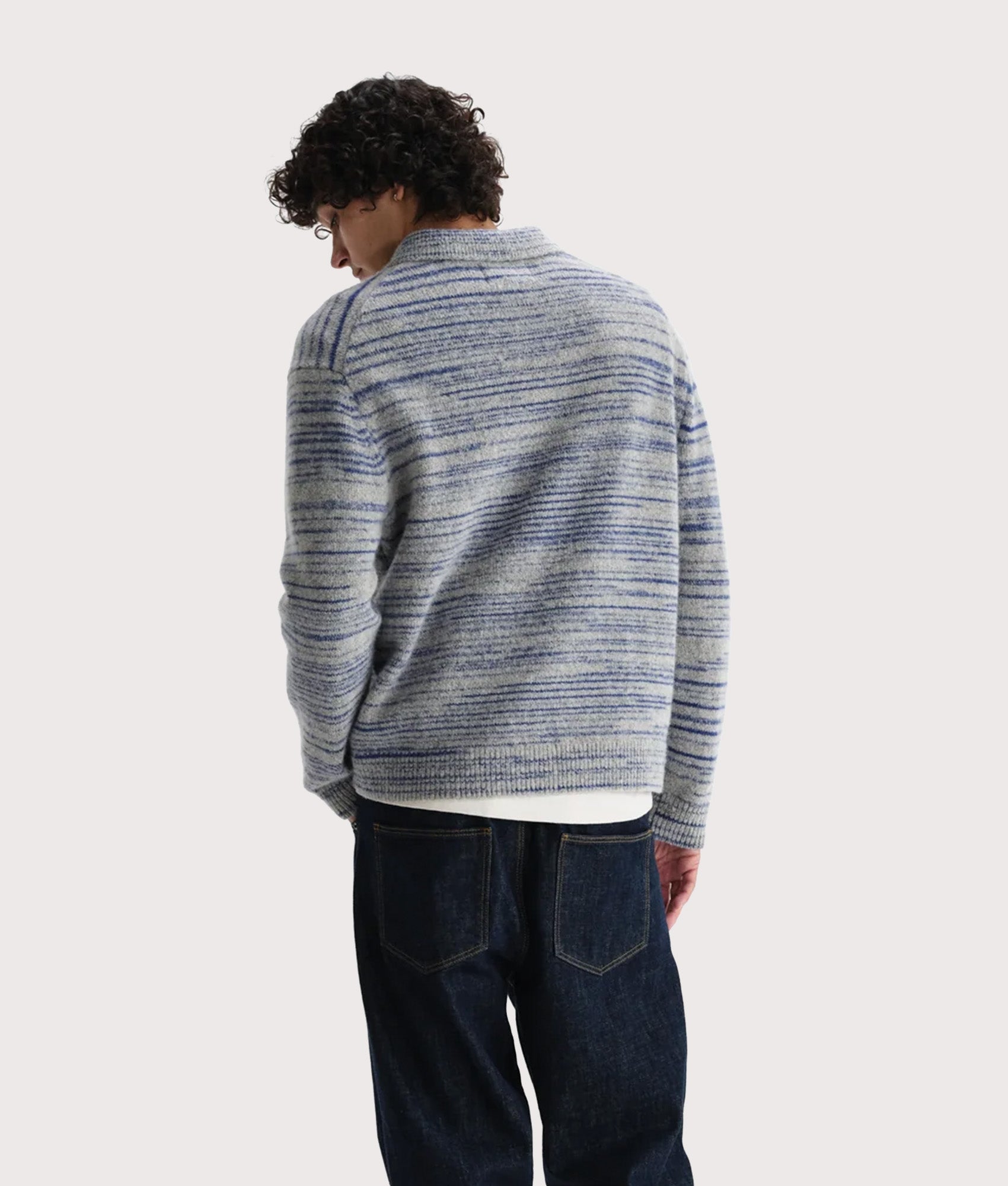 Wax London Alpha Zip Polo Shirt in Grey and Blue at EQVVS Menswear. Model Back shot.