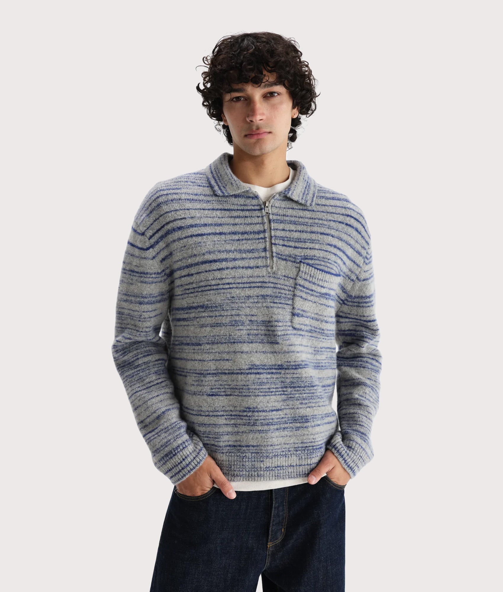 Wax London Alpha Zip Polo Shirt in Grey and Blue at EQVVS Menswear. Model front shot.