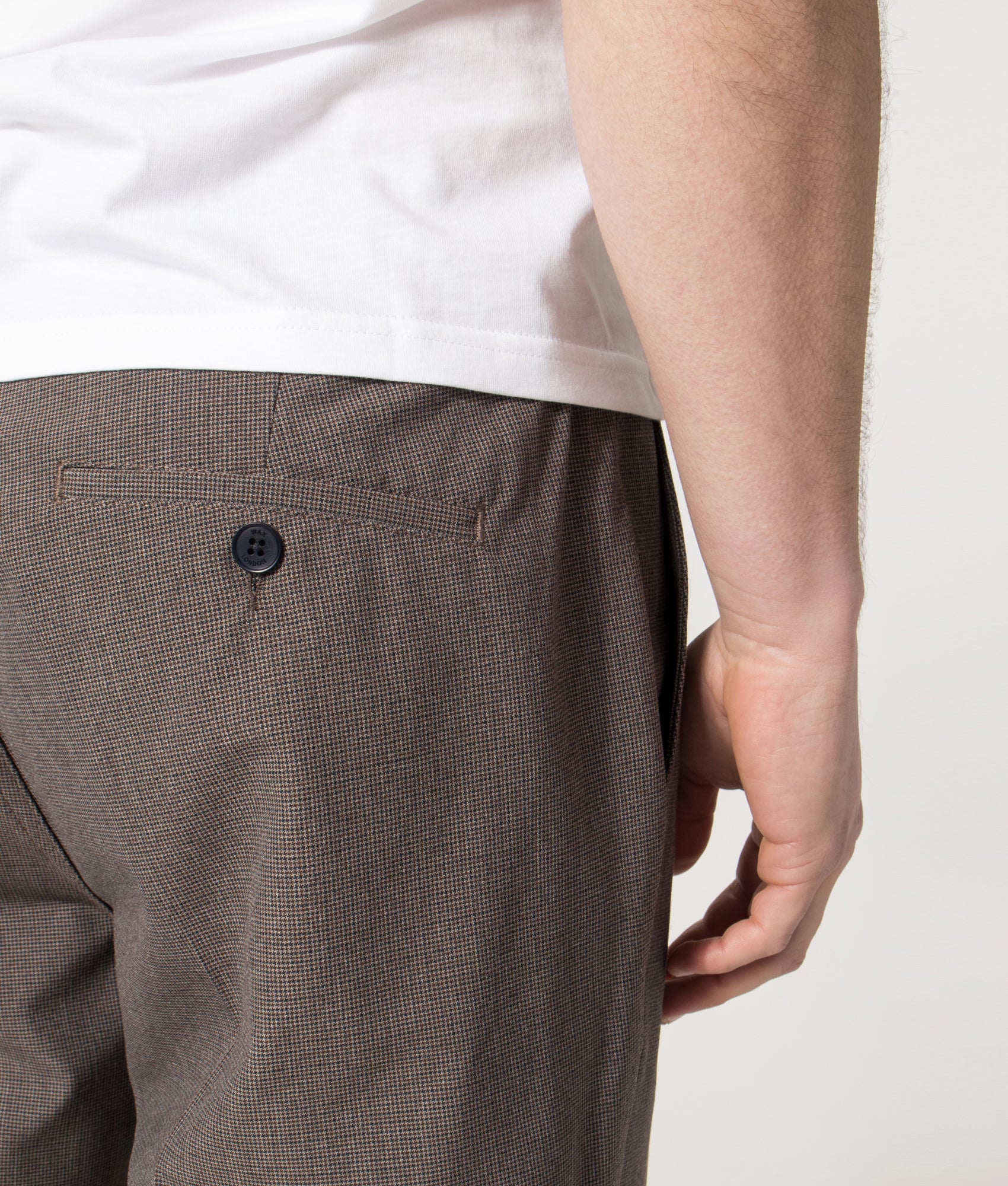 Wax London Bayham Trousers in Brown Micro Puppytooth at EQVVS Menswear. Back shot.
