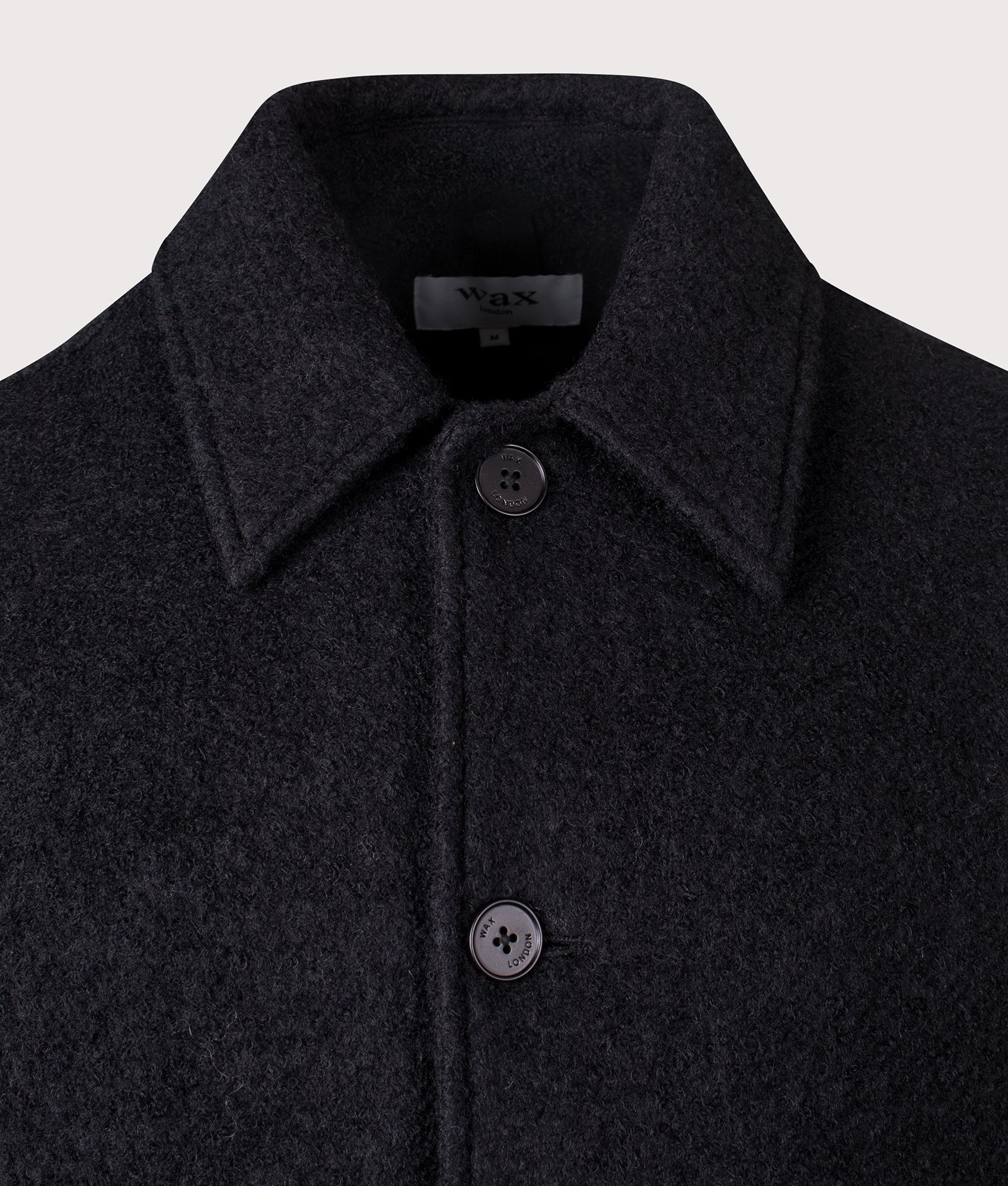Wax London Newgate Jacket in Black at EQVVS Menswear. Detail shot.