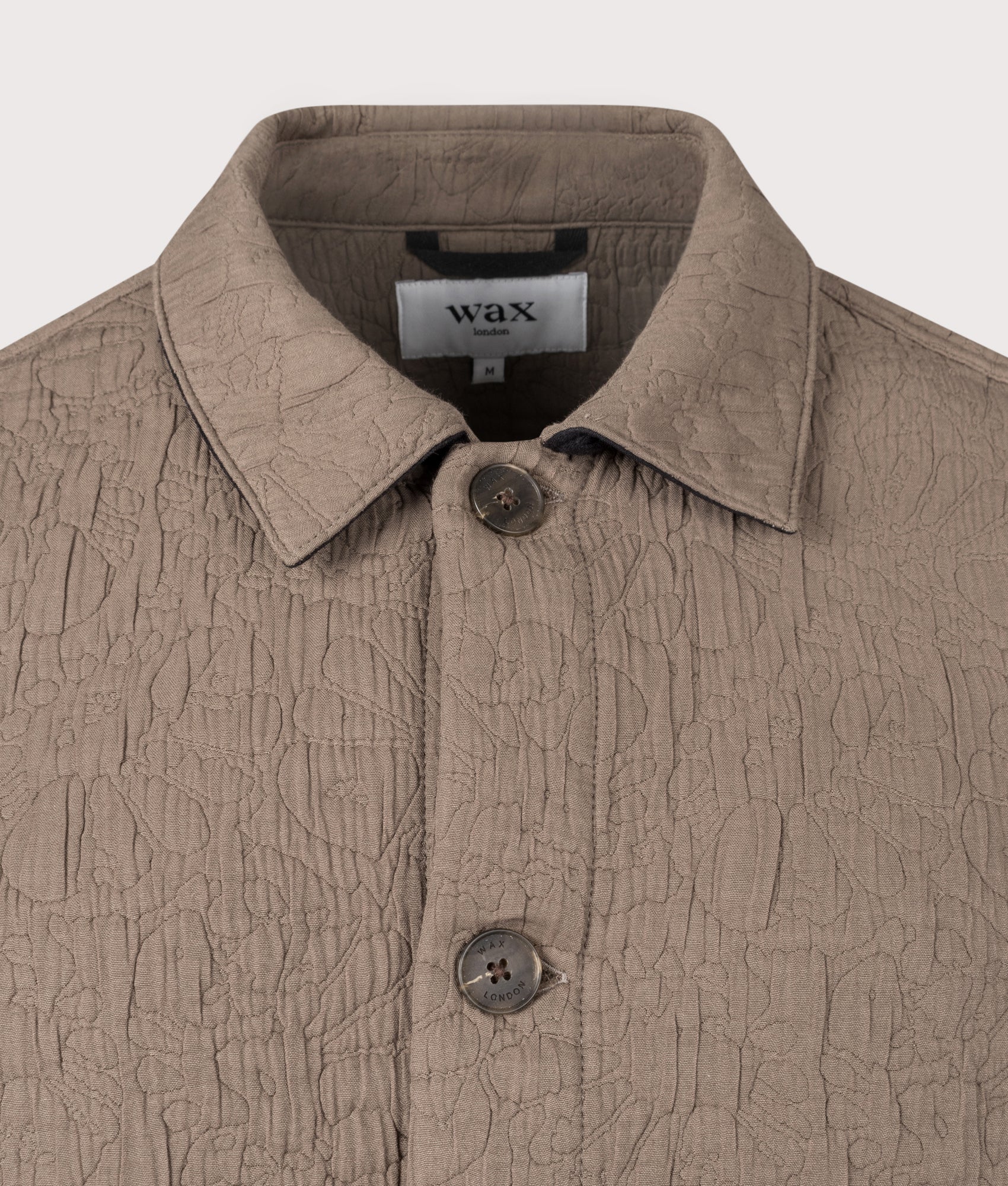 Wax London Rockley Overshirt in Brown at EQVVS Menswear. Detail shot.