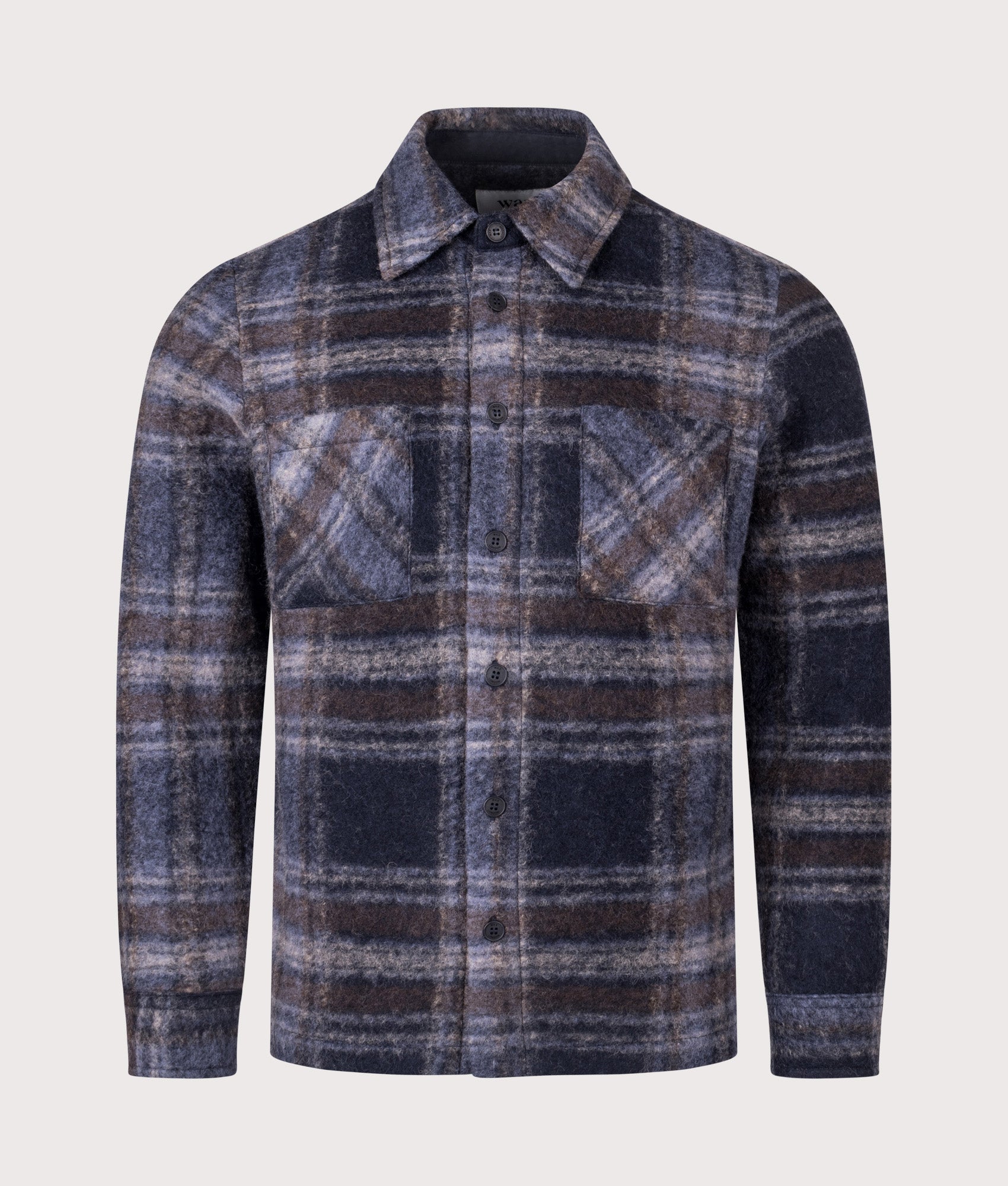 Wax London Whiting Overshirt in Navy at EQVVS Menswear. Front shot.