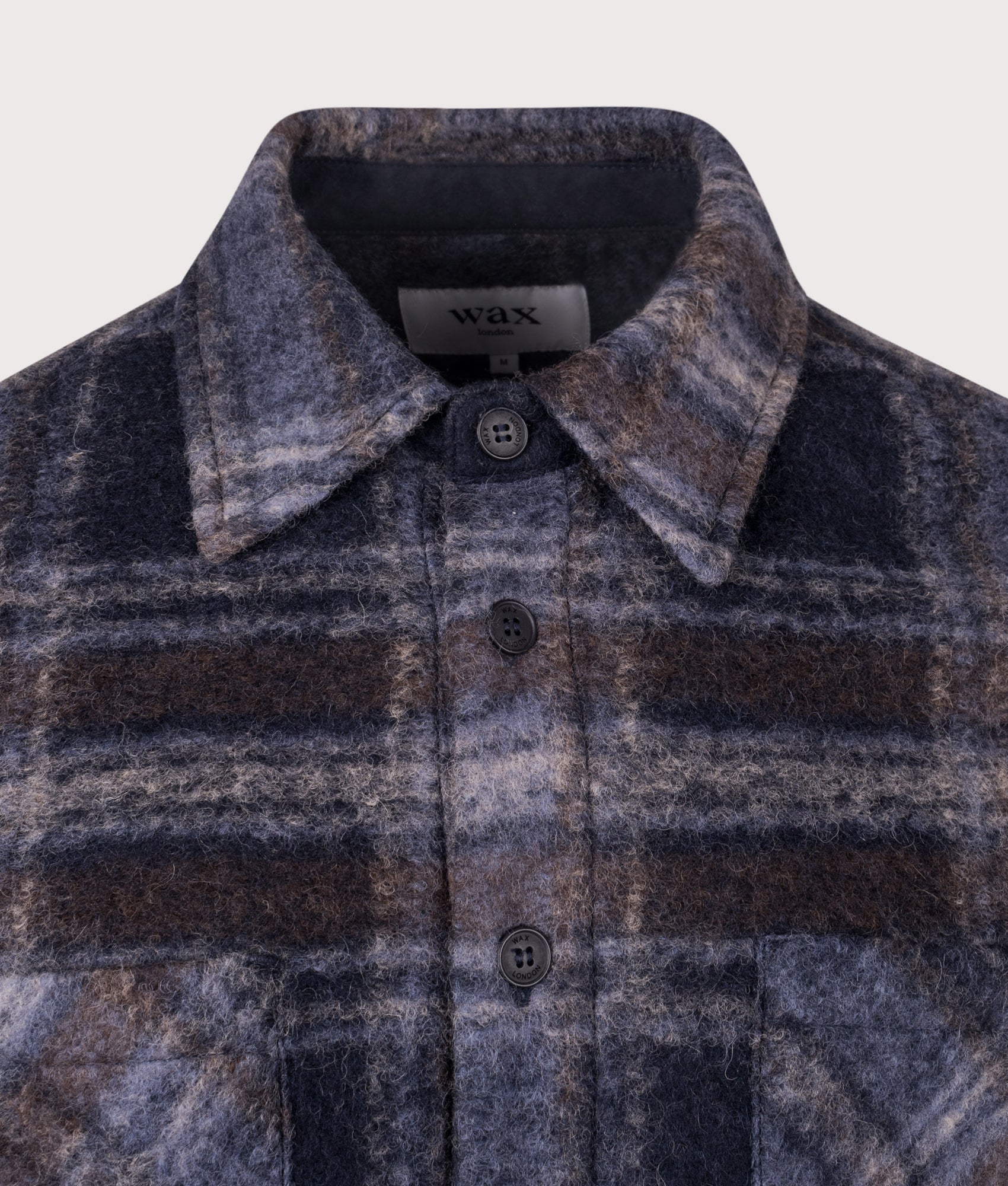 Wax London Whiting Overshirt in Navy at EQVVS Menswear. Detail shot.