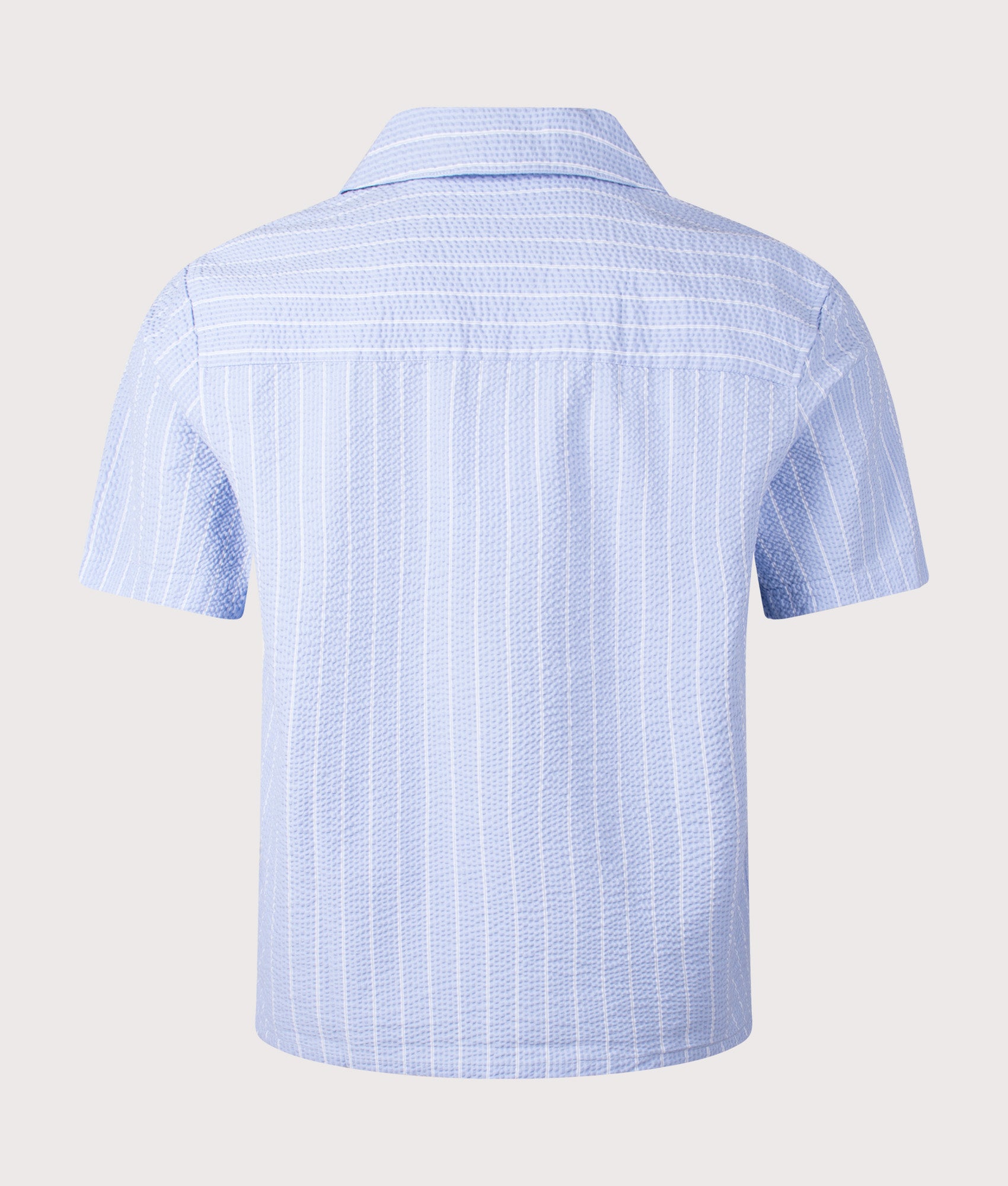 Wax London Didcot Seersucker Stripe Short Sleeve Shirt in Blue and Ecru at EQVVS Menswear. Back shot.