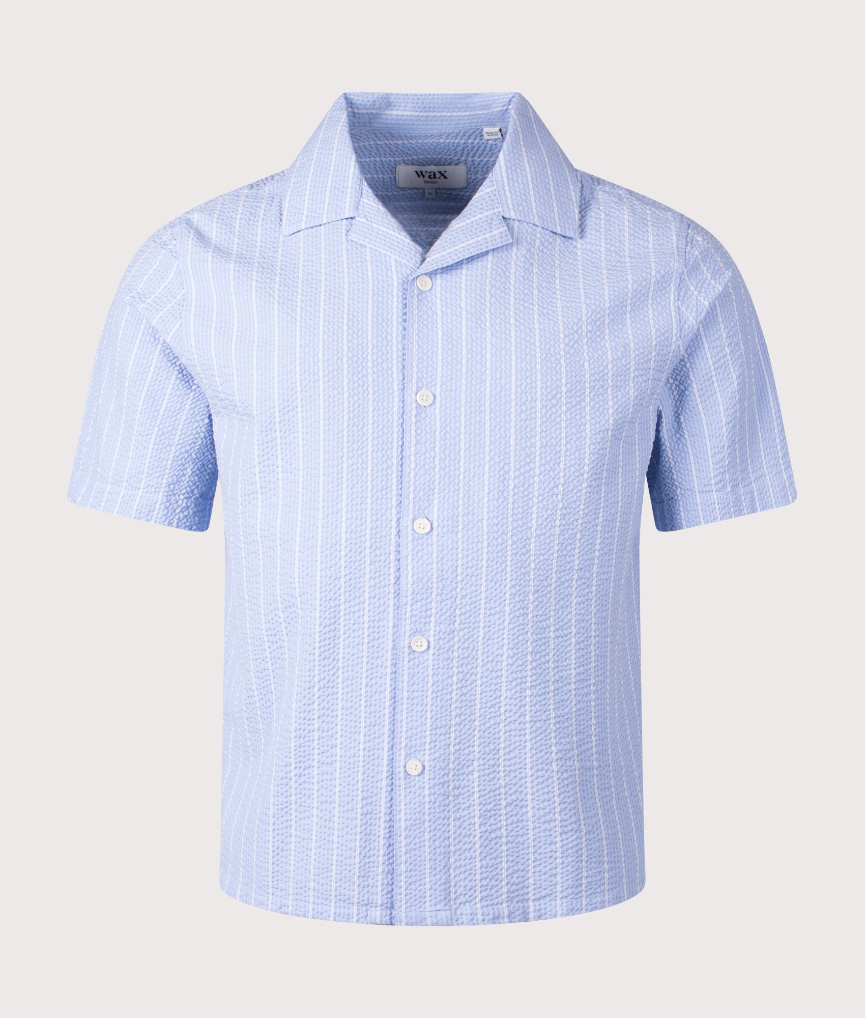 Wax London Didcot Seersucker Stripe Short Sleeve Shirt in Blue and Ecru at EQVVS Menswear. Front shot. 