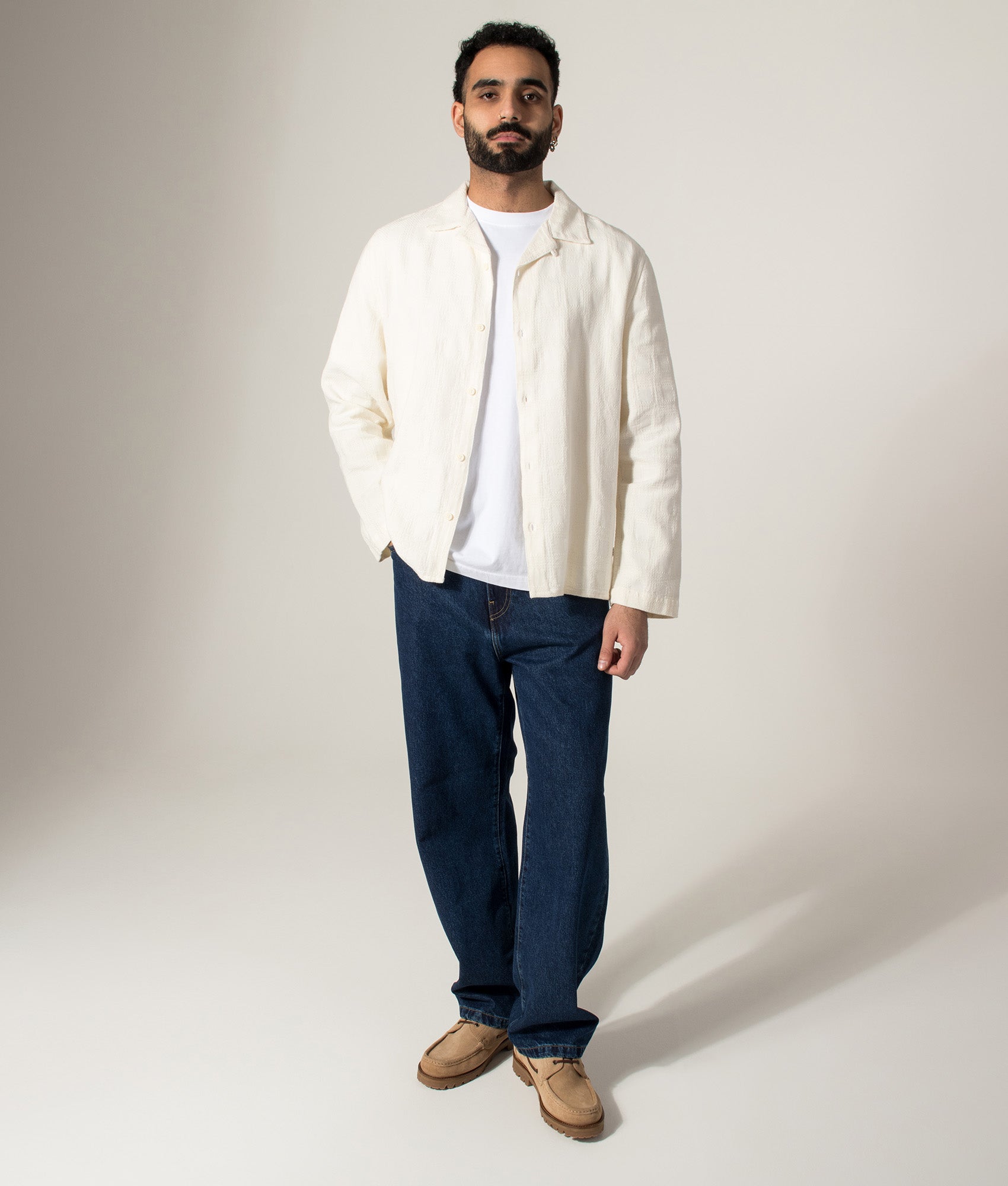 Wax London Corey Cotton Dobby Check Shirt in Off White at EQVVS Menswear. Model full front shot.